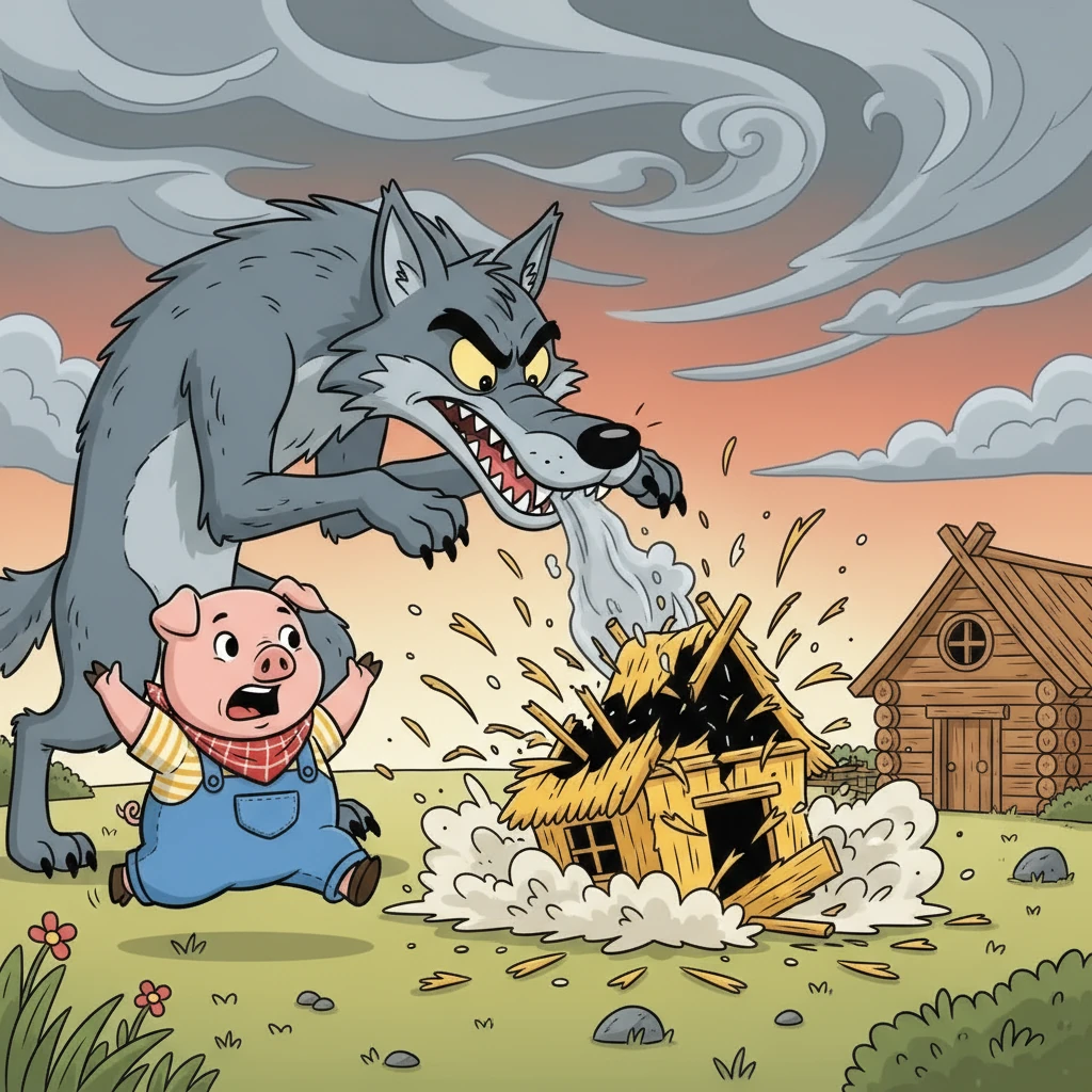Un lupo affamato, attratto dall'odore dei porcellini, si avvicinò alla casa di paglia. Soffiò e soffiò, e la casa crollò, divorando il porcellino. Poi si diresse verso la casa di legno.