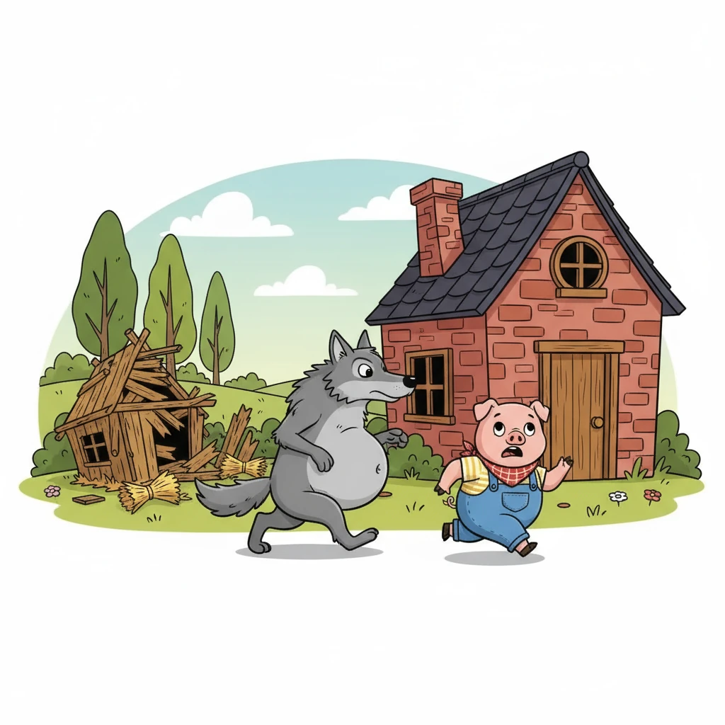 Anche la casa di legno non resse al soffio del lupo, e il secondo porcellino fu mangiato. Il lupo, con la pancia piena, si diresse verso la casa di mattoni di Prosciutto, la più resistente.