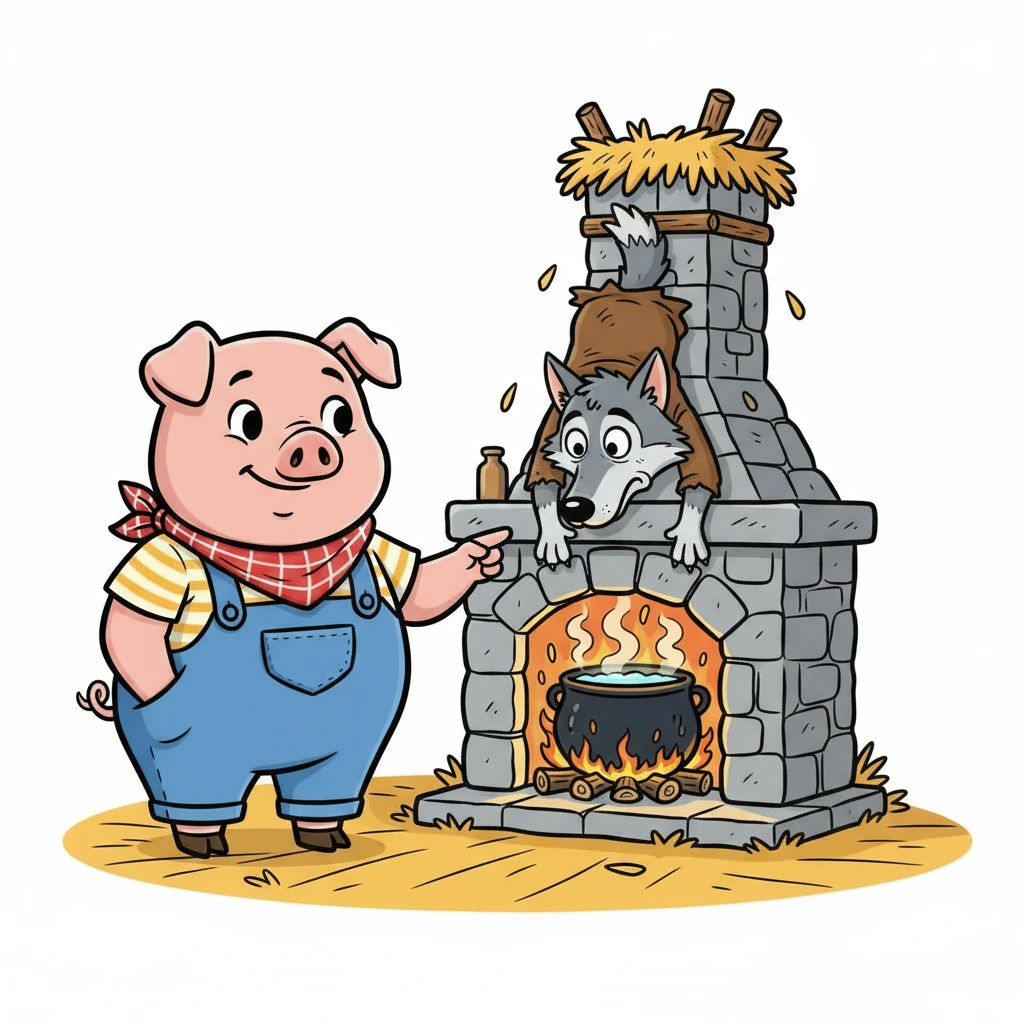 Il lupo cercò di ingannare Prosciutto, ma il porcellino fu più astuto. Il lupo tentò di entrare dalla canna fumaria, ma Prosciutto lo aspettava con un pentolone d'acqua bollente.