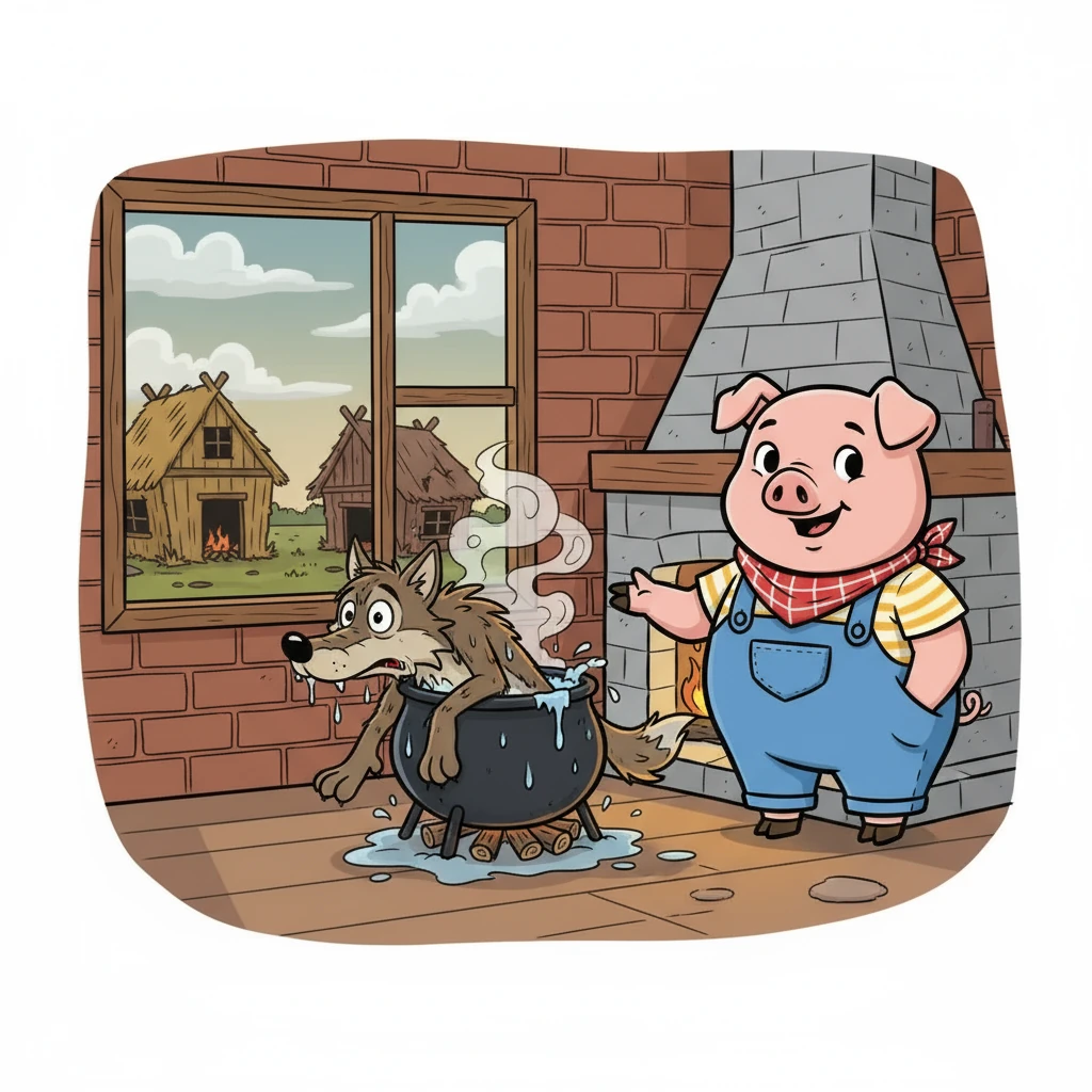 Il lupo cadde nel pentolone e fuggì. Prosciutto, al sicuro nella sua casa, imparò che la pazienza e il duro lavoro sono sempre ricompensati. I suoi fratelli, purtroppo, non ebbero la stessa fortuna.