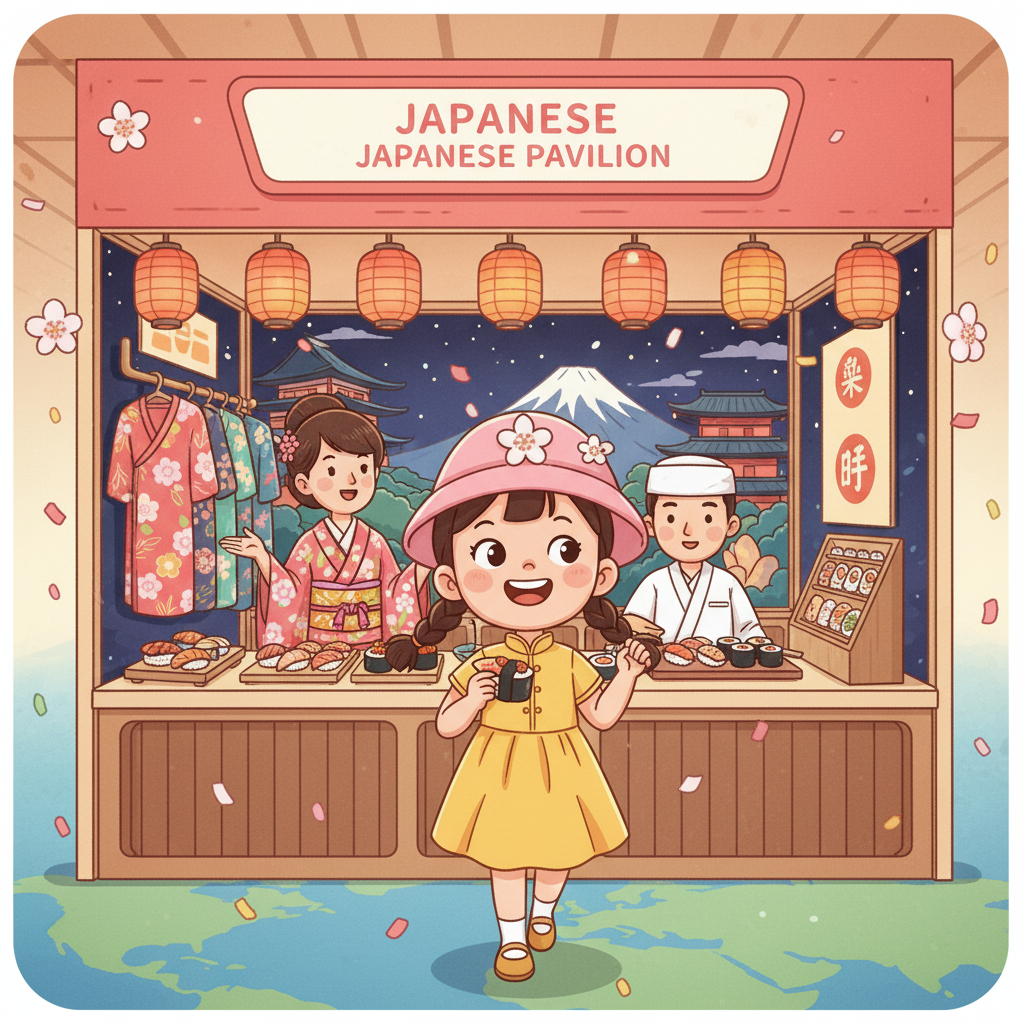 第一站，小艾來到了充滿異國風情的日本攤位。她聽著解說員介紹著傳統的和服和美味的壽司，彷彿身歷其境。她戴上可愛的帽子，體驗了一把日本文化。