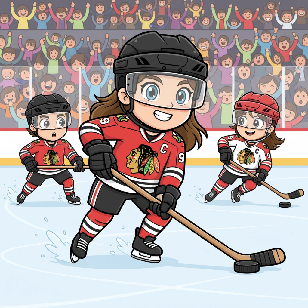 Tatiana Hughes, with her bright, confident smile, skates across the ice, a blur of motion in her Chicago Blackhawks jersey. The crowd roars as she deftly stickhandles past opponents, her eyes sparkling with determination. She's making history, the only woman in the league, and she plays with pure joy and incredible skill.