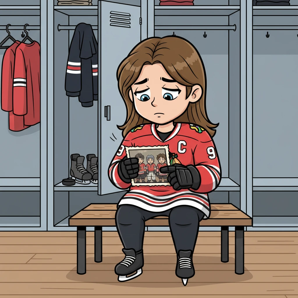 Later, sitting quietly in the locker room, Tatiana gazes at a faded photo tucked into her locker. It shows four smiling kids in oversized hockey gear, her and her three older brothers. A small sigh escapes her as she traces the faces, a touch of sadness clouding her usually bright expression.
