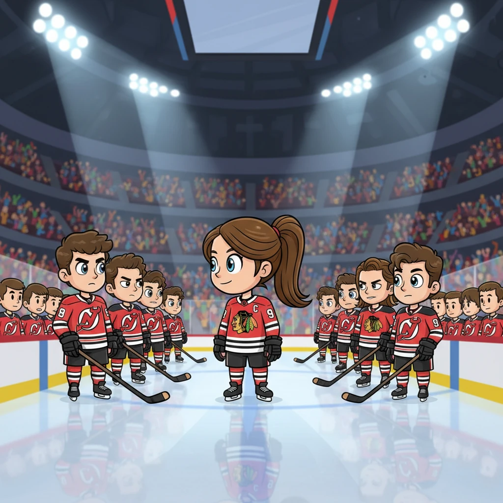 The stadium lights blaze as the Chicago Blackhawks prepare to face the New Jersey Devils in a highly anticipated game. Tatiana stands tall, scanning the opposing lineup, her gaze lingering briefly on two familiar figures: her brothers, Jack and Luke, now formidable NHL players themselves. The tension is palpable.
