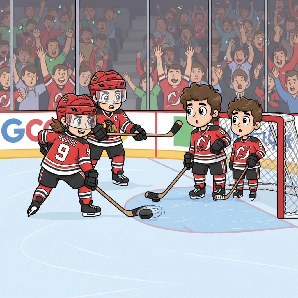 Mid-game, Tatiana executes a breathtaking deke, weaving through the Devils' defense with incredible agility. She scores a spectacular goal, sending the crowd into a frenzy. Across the ice, Jack and Luke watch, a fleeting moment of surprise, perhaps even a hint of grudging admiration, visible in their usually stoic expressions.