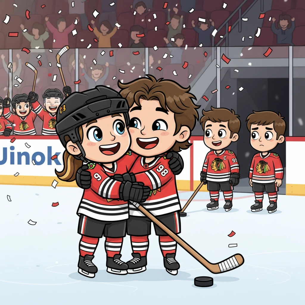 The final buzzer sounds, and the Blackhawks celebrate their hard-won victory. Tatiana hugs Connor, beaming with pride. As she skates off, she catches Jack and Luke by the tunnel; their eyes meet for a brief, awkward second, a silent acknowledgment passing between them before they turn away.