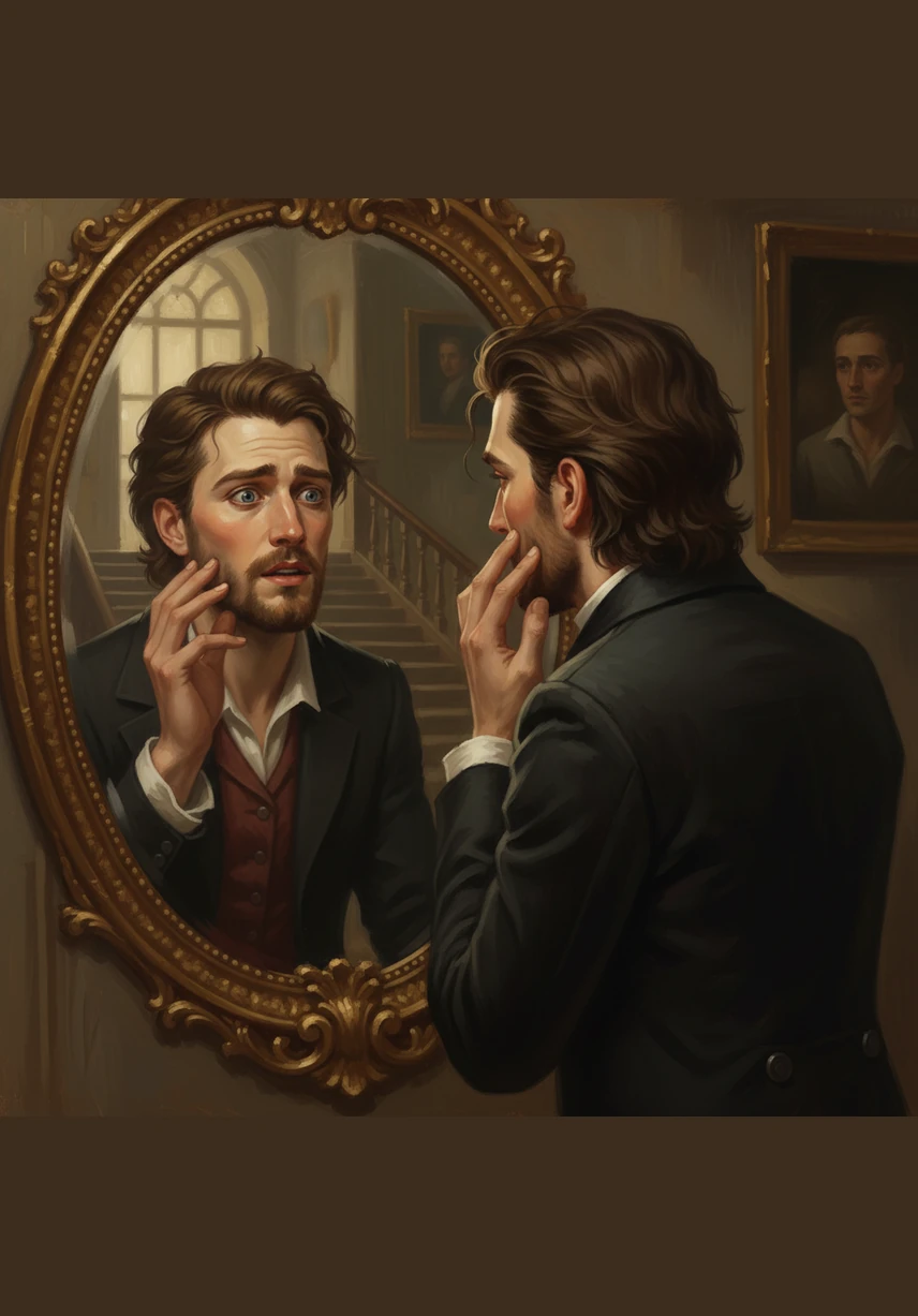 He rushed to the ornate mirror in his hallway and gasped at the sight of his own face staring back. He traced the lines of his jaw and the softness of his cheeks, mesmerized by the reflection he hadn't seen since the eighteenth century. He wasn't a monster anymore; he was just a man with messy hair and tired eyes.