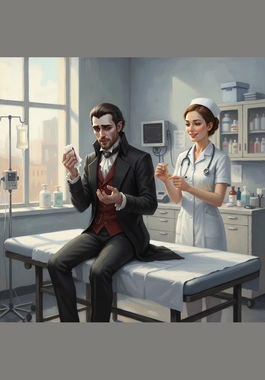 Desperate for validation, Victor visited a clinic and asked the nurse to check his vitals. When the machine beeped with a healthy blood pressure reading, the nurse just smiled and told him his vampire cosplay was very impressive. She even asked what brand of pale foundation he used, leaving Victor speechless with frustration.