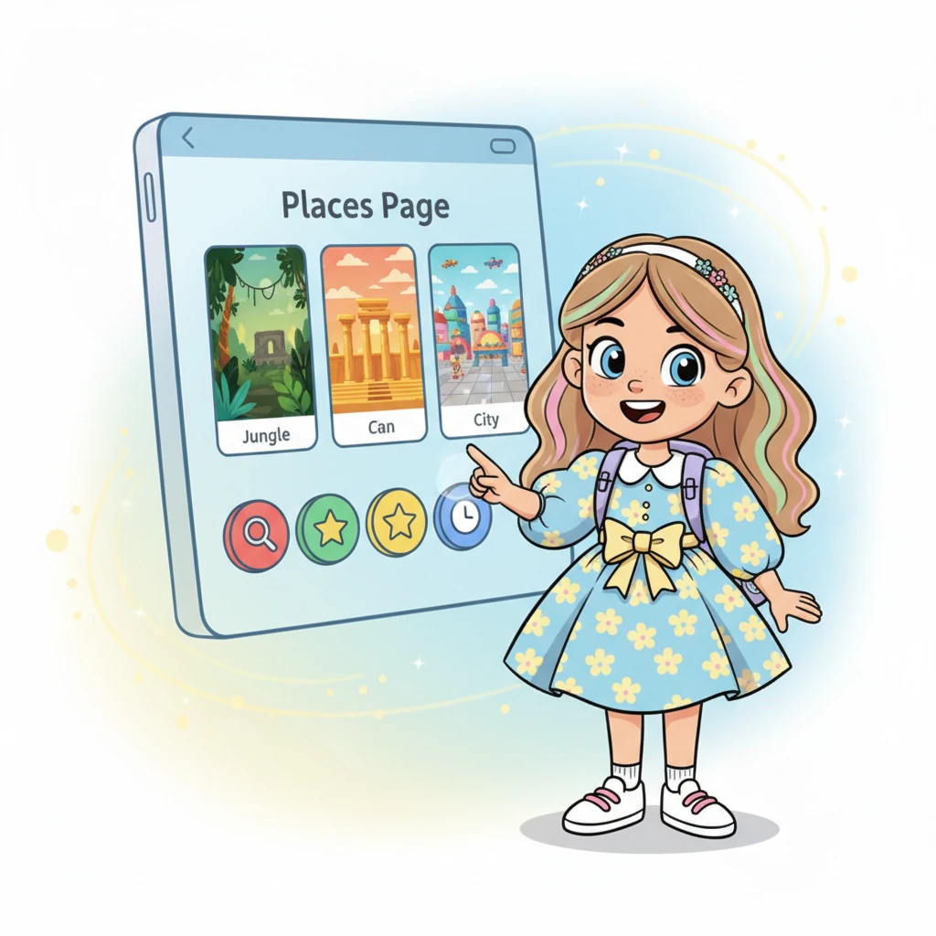 On the Places Page, vibrant cards popped up, each displaying a different adventure – a mysterious jungle, an ancient temple, or a bustling city square. Penny added clever filters, letting users sort their dreams with a tap. It was a world of exploration at their fingertips.