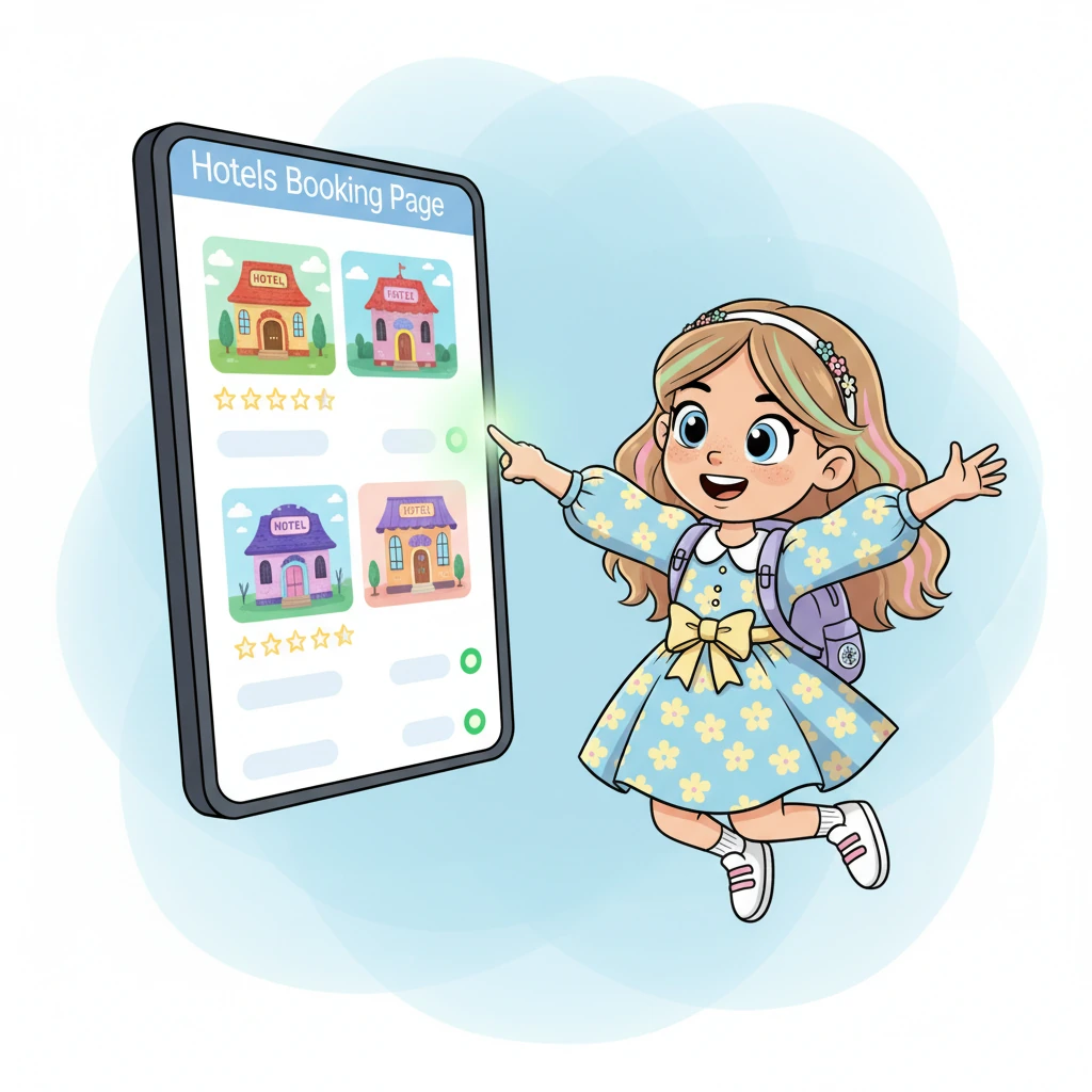 The Hotels Booking Page bloomed with charming hotel illustrations, complete with twinkling star ratings and clear prices. Little green lights glowed beside each room, showing happy availability. Finding a perfect place to rest felt wonderfully simple.