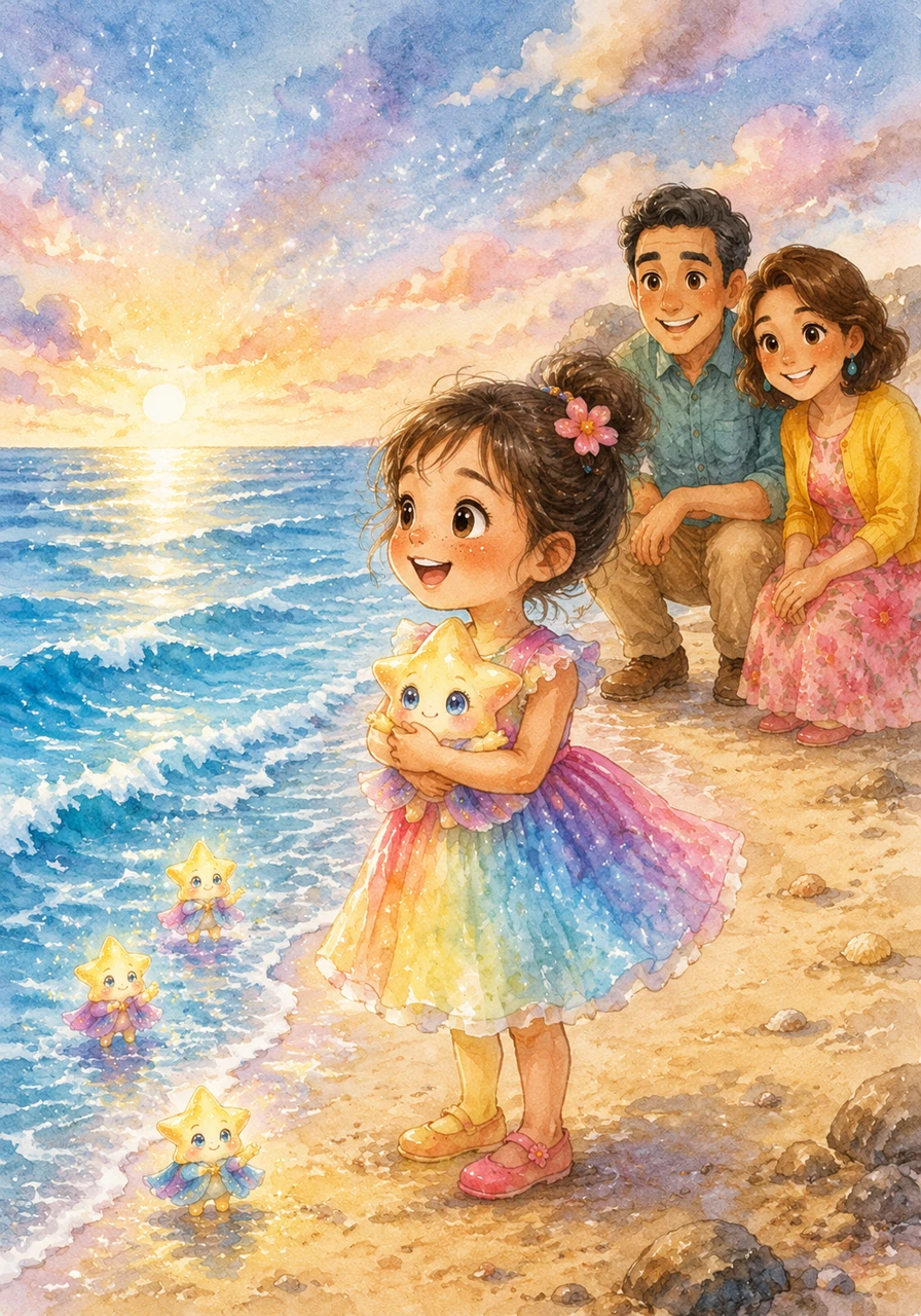 Little Hana stands on the shore, her eyes sparkling like the stars she loves so much. She clutches her favorite starfish toy, looking out at the vast, shimmering blue ocean with a sense of wonder and pure excitement.