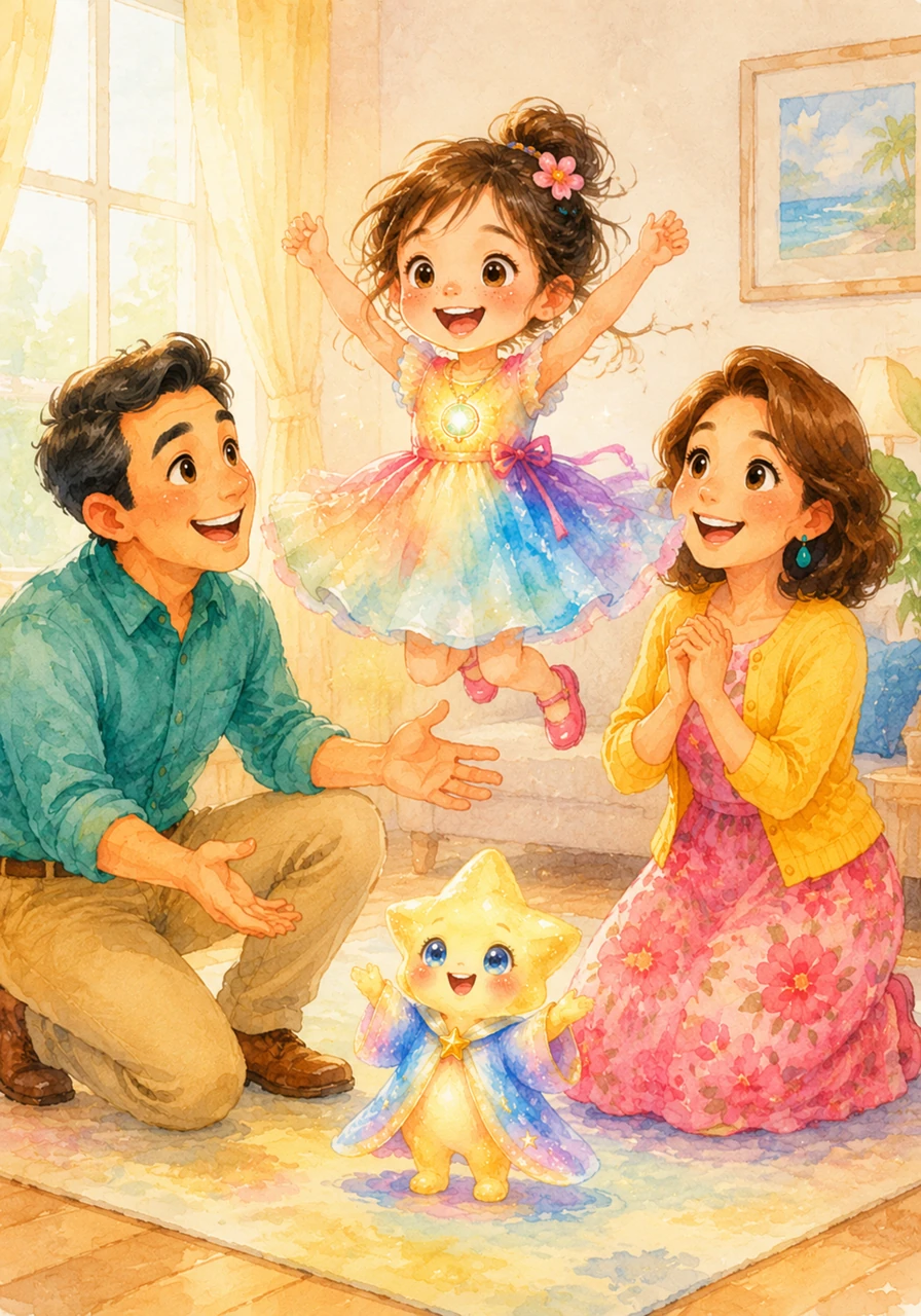 Hana’s parents kneel down with big smiles to share the wonderful news: Today we are going to a beautiful island! Hana lets out a joyful squeal and jumps high into the air, her colorful dress fluttering like a butterfly.
