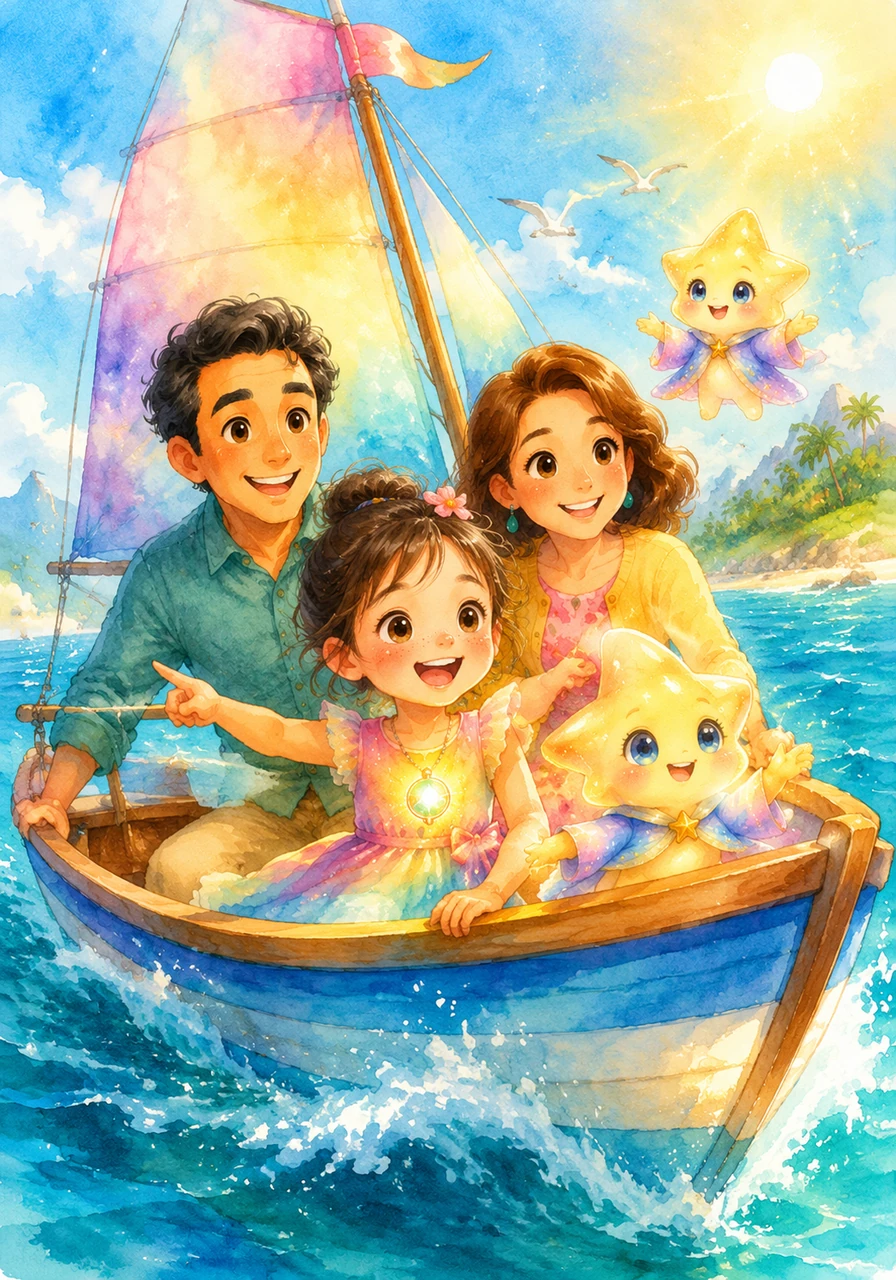 The family sets sail on a bright little boat, cutting through the crystal-clear waves under a golden sun. They sing happy songs and laugh together, feeling the salty breeze on their faces as they head toward their tropical adventure.