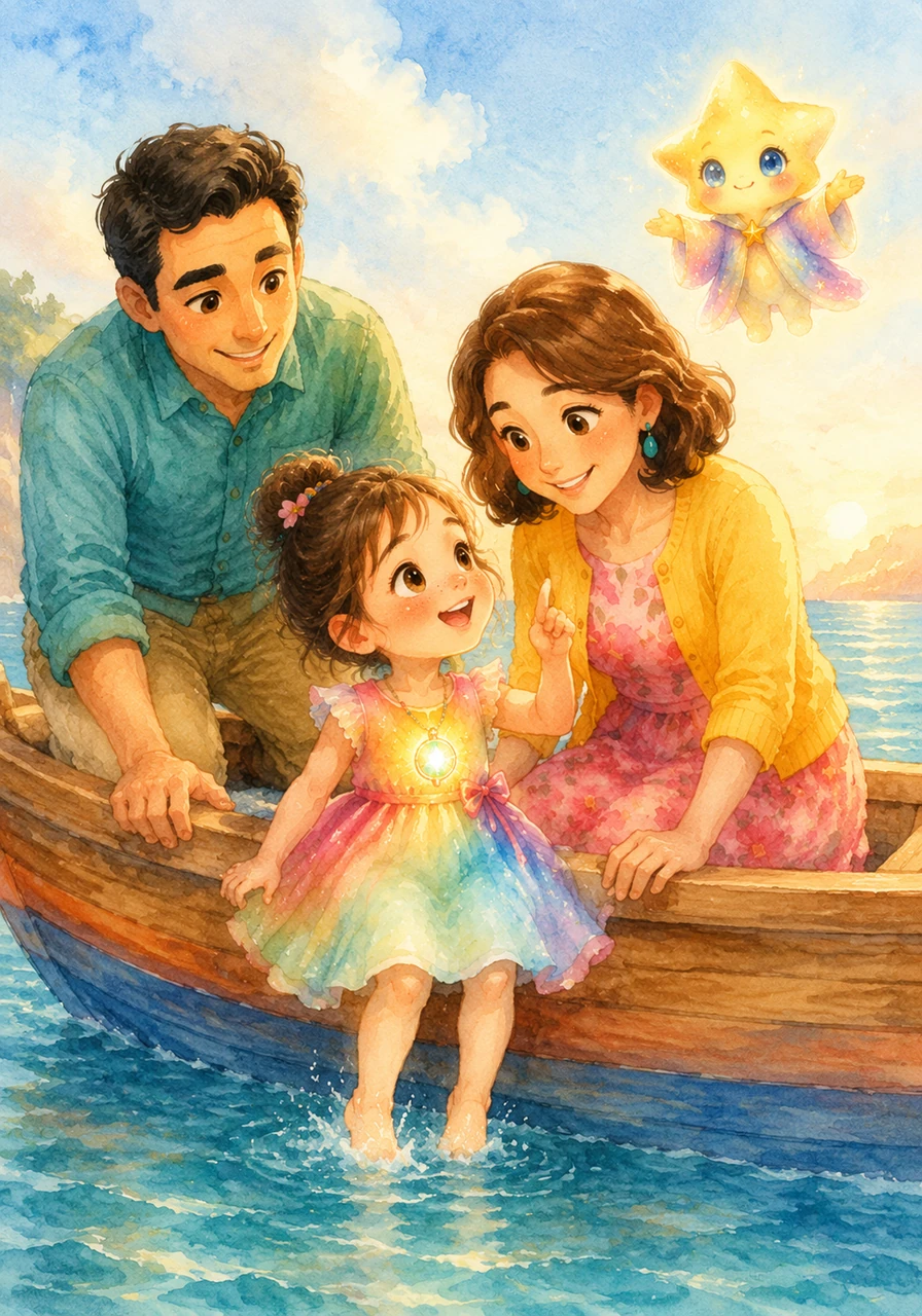 Hana sits at the edge of the boat, dangling her small feet into the cool, refreshing water. She looks up at her mother with a curious grin and says, Mommy, the water looks so soft, I want to walk in the sea!