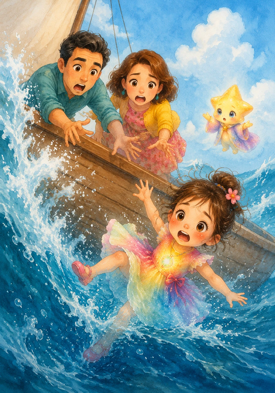 Suddenly, a massive wave crashes against the side of the boat, causing it to tilt sharply. Hana loses her balance and slips into the deep blue water, leaving her parents reaching out in a moment of pure shock.
