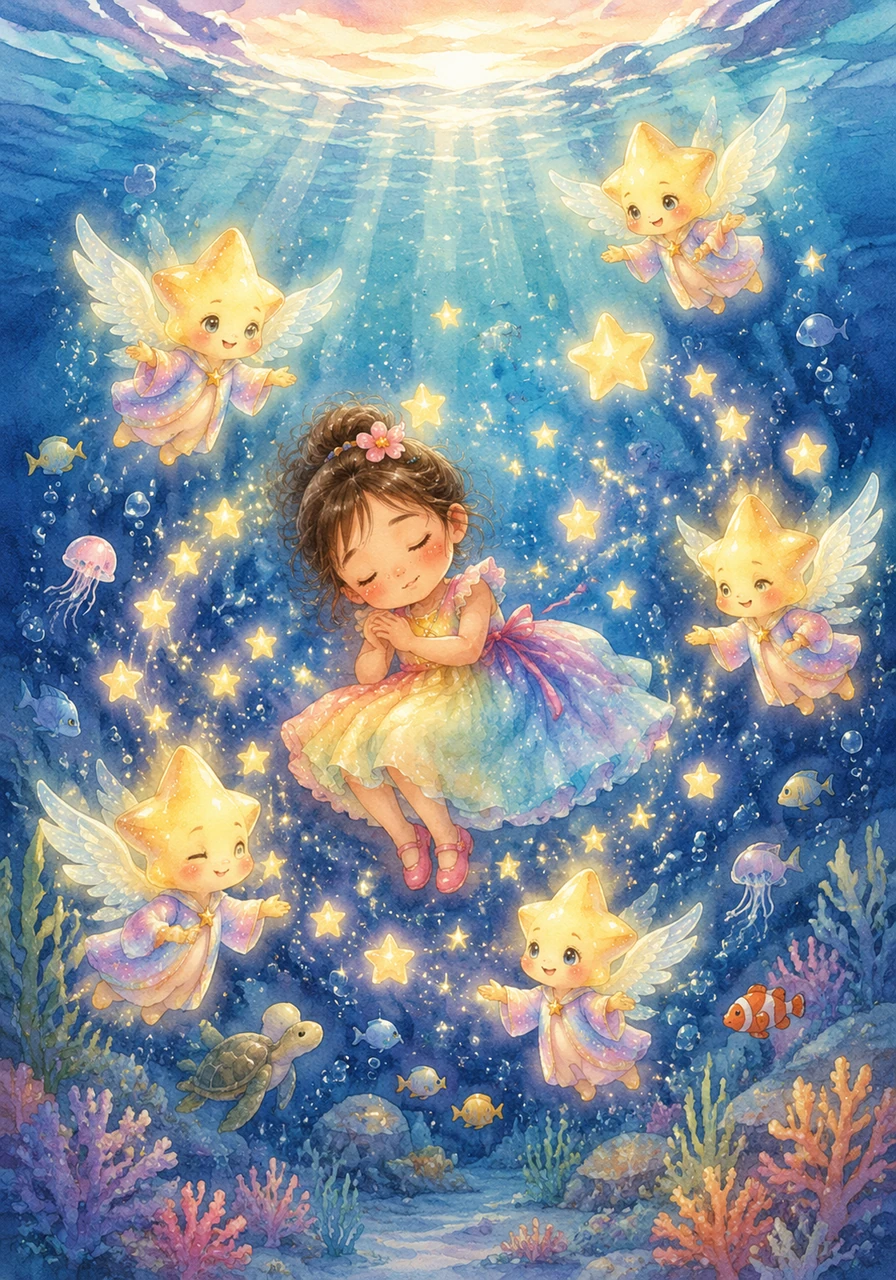 Deep beneath the surface, Hana drifts into a peaceful sleep as the sunlight fades above. Tiny, glowing magical stars begin to swirl around her, and kind Star Angels with shimmering wings descend to keep her safe.