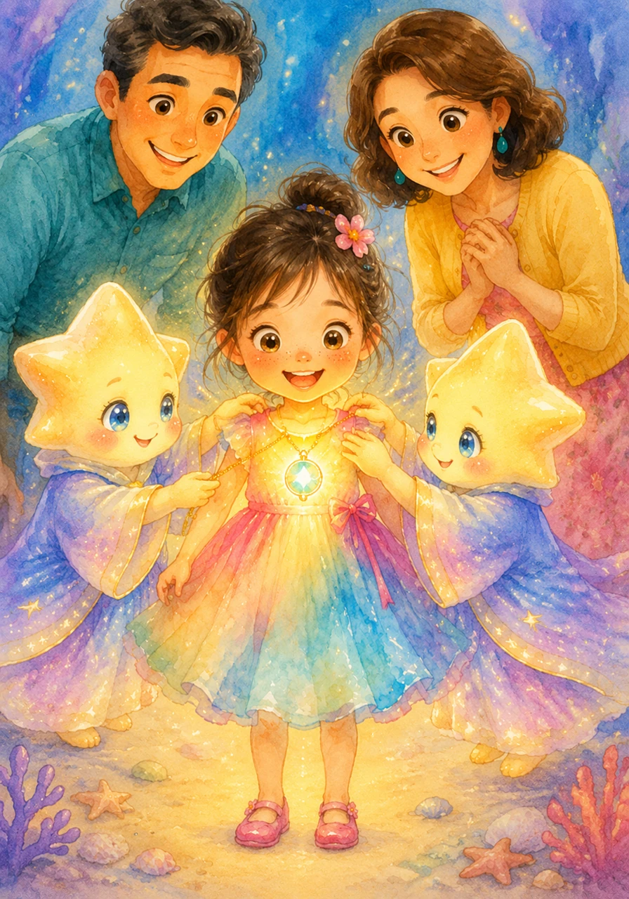 The Star Angels gently place a glowing magical necklace around Hana's neck, its light pulsing with a soft rhythm. They whisper that she can now breathe perfectly both in the deep ocean and in the air above.