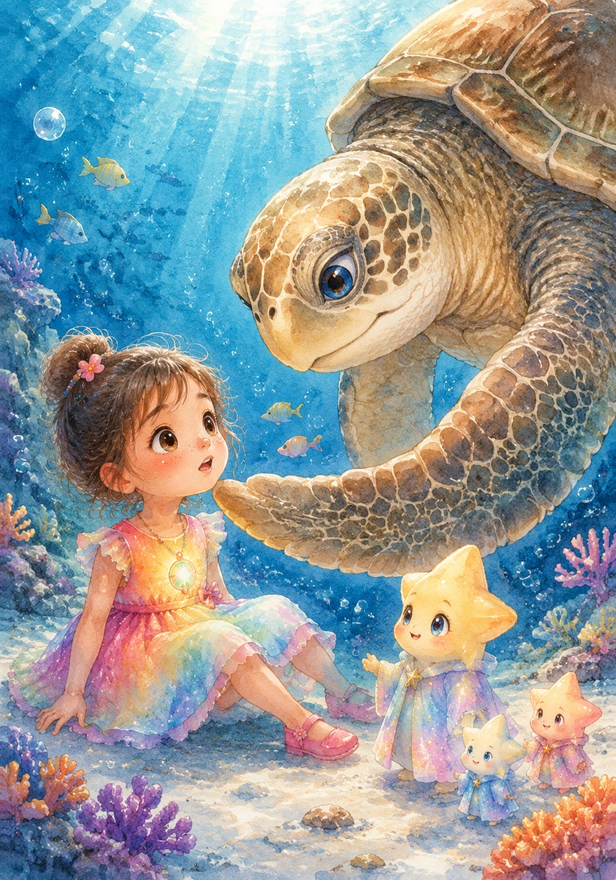 Hana opens her eyes to find herself in a breathtaking underwater world, staring into the kind eyes of a giant sea turtle. The turtle nudges her gently with its flipper, offering a silent promise of friendship and protection.
