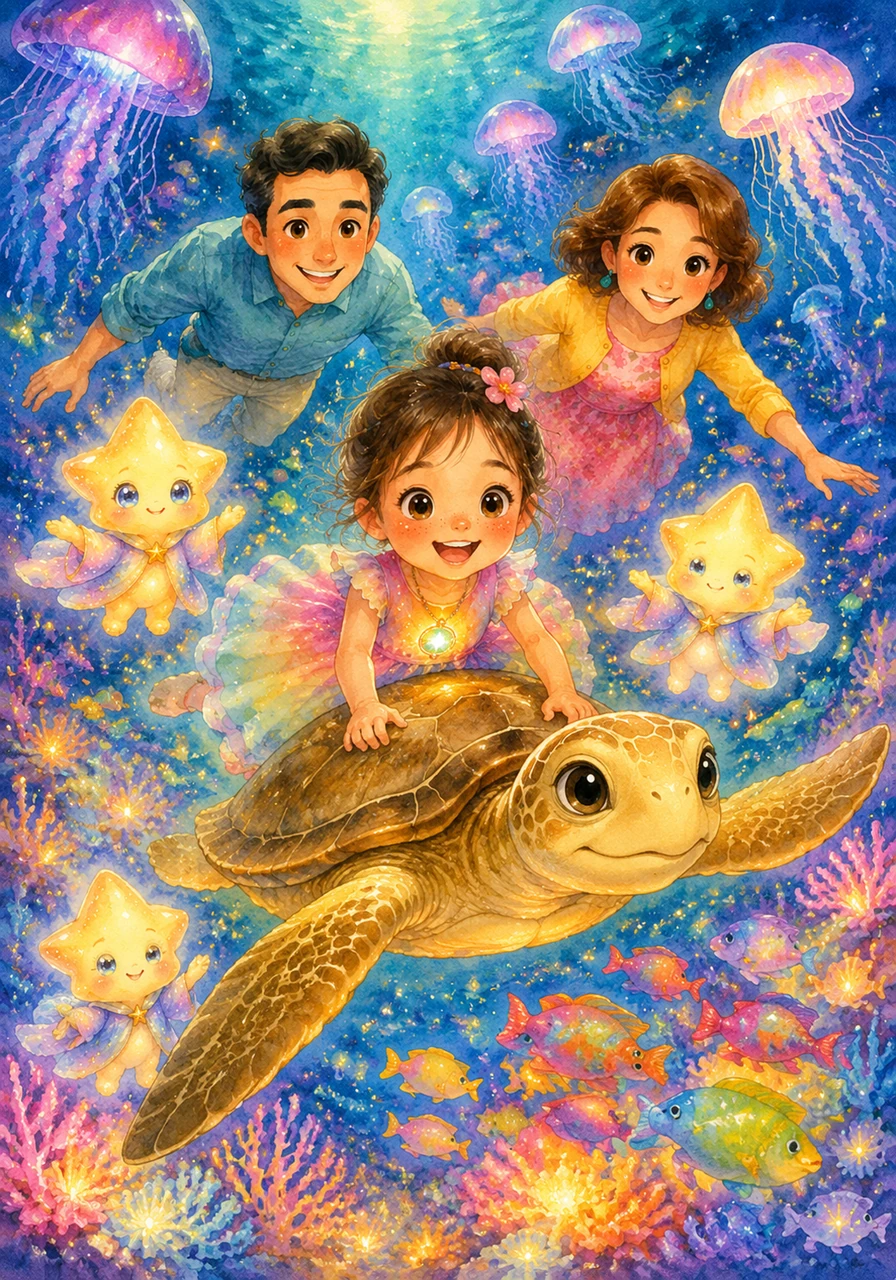 Holding onto the turtle’s shell, Hana glides through a vibrant garden of glowing coral and dancing jellyfish. Schools of rainbow-colored fish swim alongside them, lighting up the magical depths like a living firework display.
