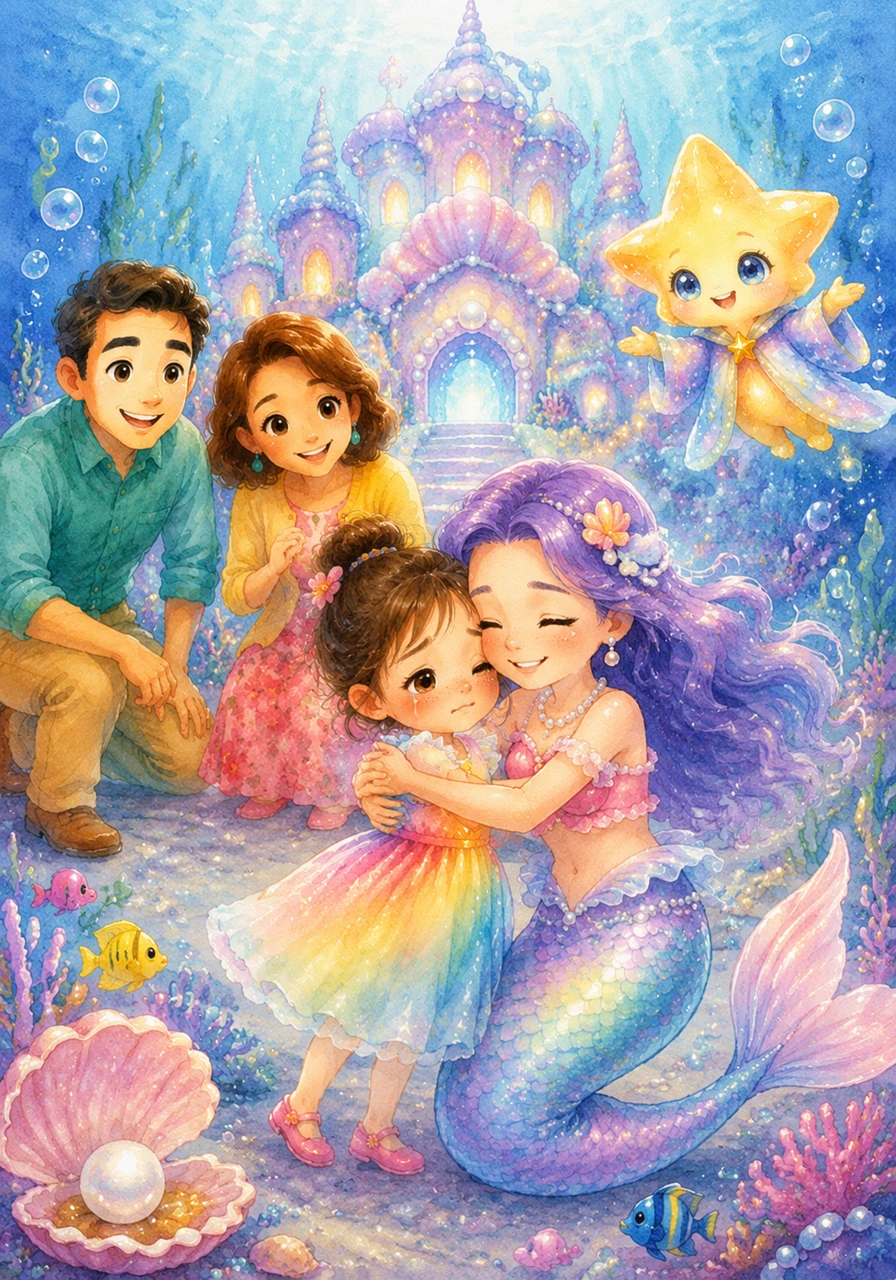 They arrive at a magnificent underwater castle made of pearls and shells, but Hana begins to feel a little lonely for her home. Just then, a beautiful little mermaid swims up with a warm smile and gives Hana a comforting, magical hug.