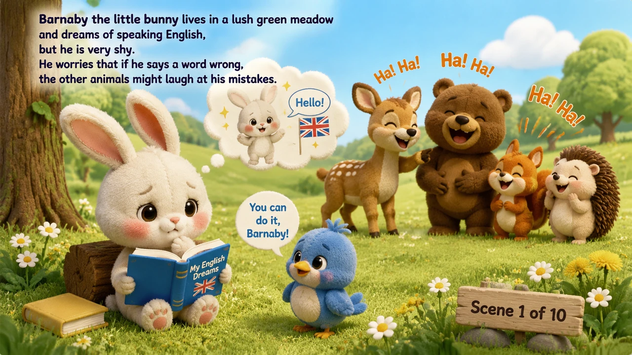 Barnaby the little bunny lives in a lush green meadow and dreams of speaking English, but he is very shy. He worries that if he says a word wrong, the