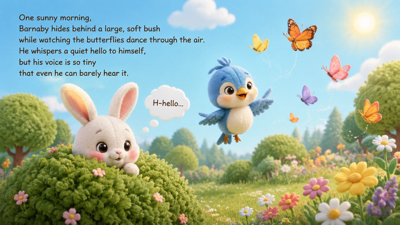 One sunny morning, Barnaby hides behind a large, soft bush while watching the butterflies dance through the air. He whispers a quiet hello to himself,