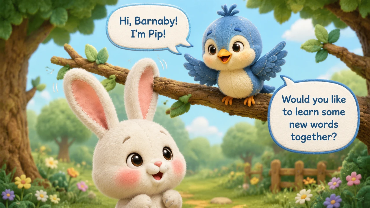A cheerful little bird named Pip lands on a low branch right above Barnaby’s long, twitching ears. Pip chirps a bright greeting and asks Barnaby if he