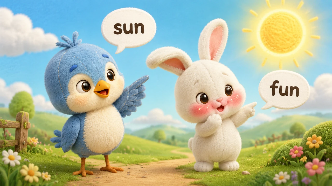 Pip points his tiny wing toward the bright yellow circle glowing in the sky and says the word sun. Barnaby tries to copy him, but he accidentally says