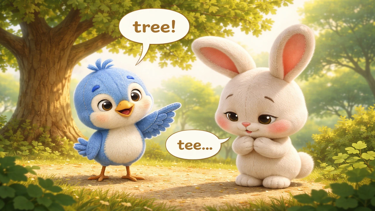Pip just giggles softly and points to a tall oak tree with many green leaves, saying the word tree. Barnaby takes a deep breath and tries again, whisp