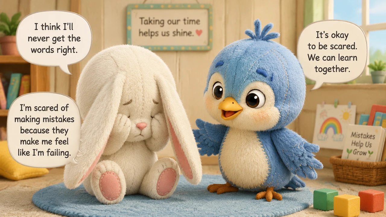 Barnaby feels a little sad and covers his face with his long ears, thinking he will never get the words right. He tells Pip that he is scared of makin