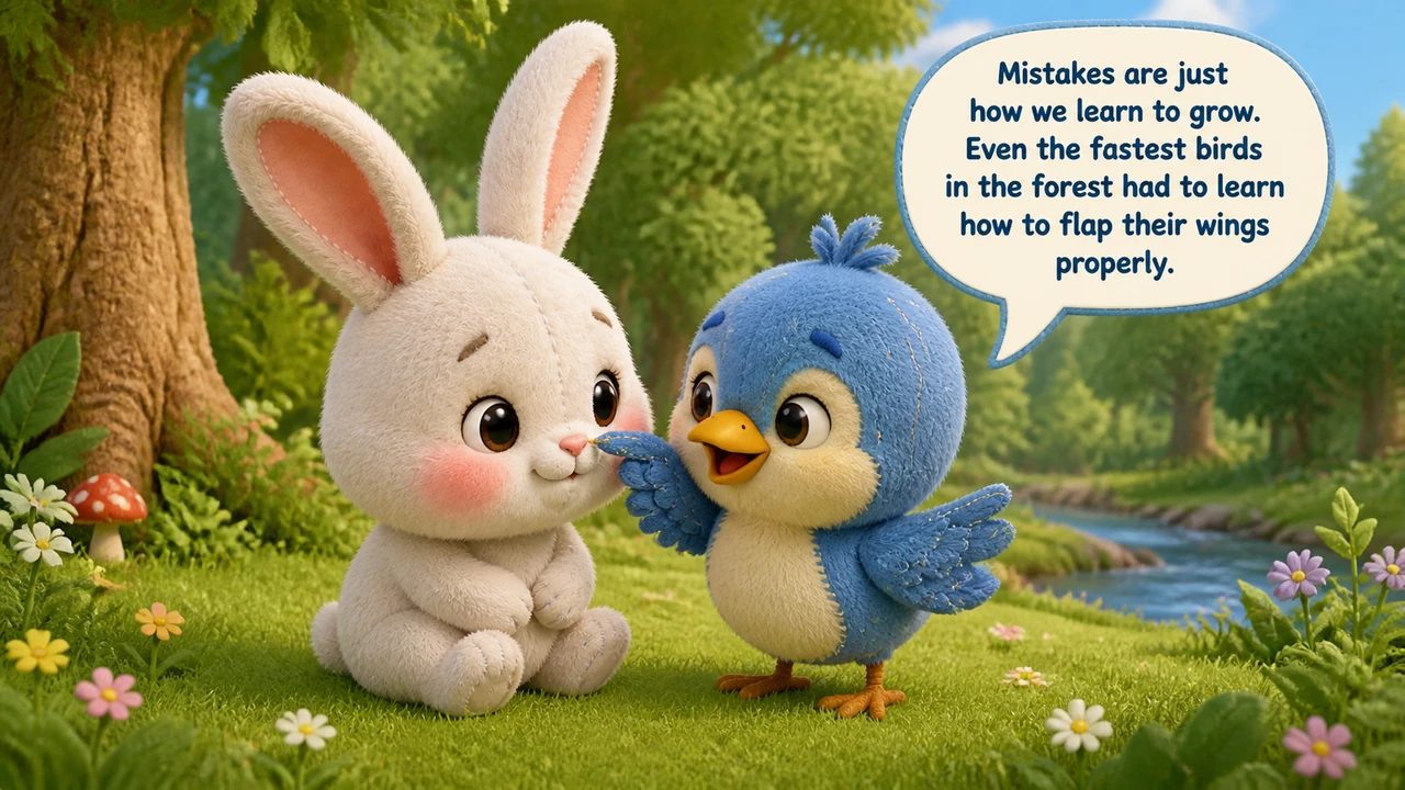 Pip hops down to the grass and gently taps Barnaby’s nose, telling him that mistakes are just how we learn to grow. Even the fastest birds in the fore