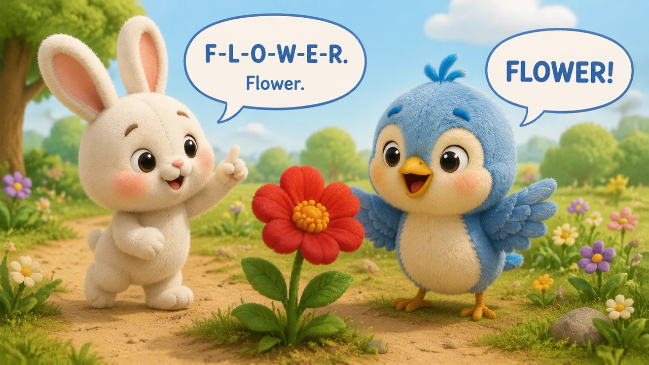 They walk over to a beautiful red blossom, and Pip says the word flower very slowly and clearly. Barnaby listens carefully, opens his mouth wide, and