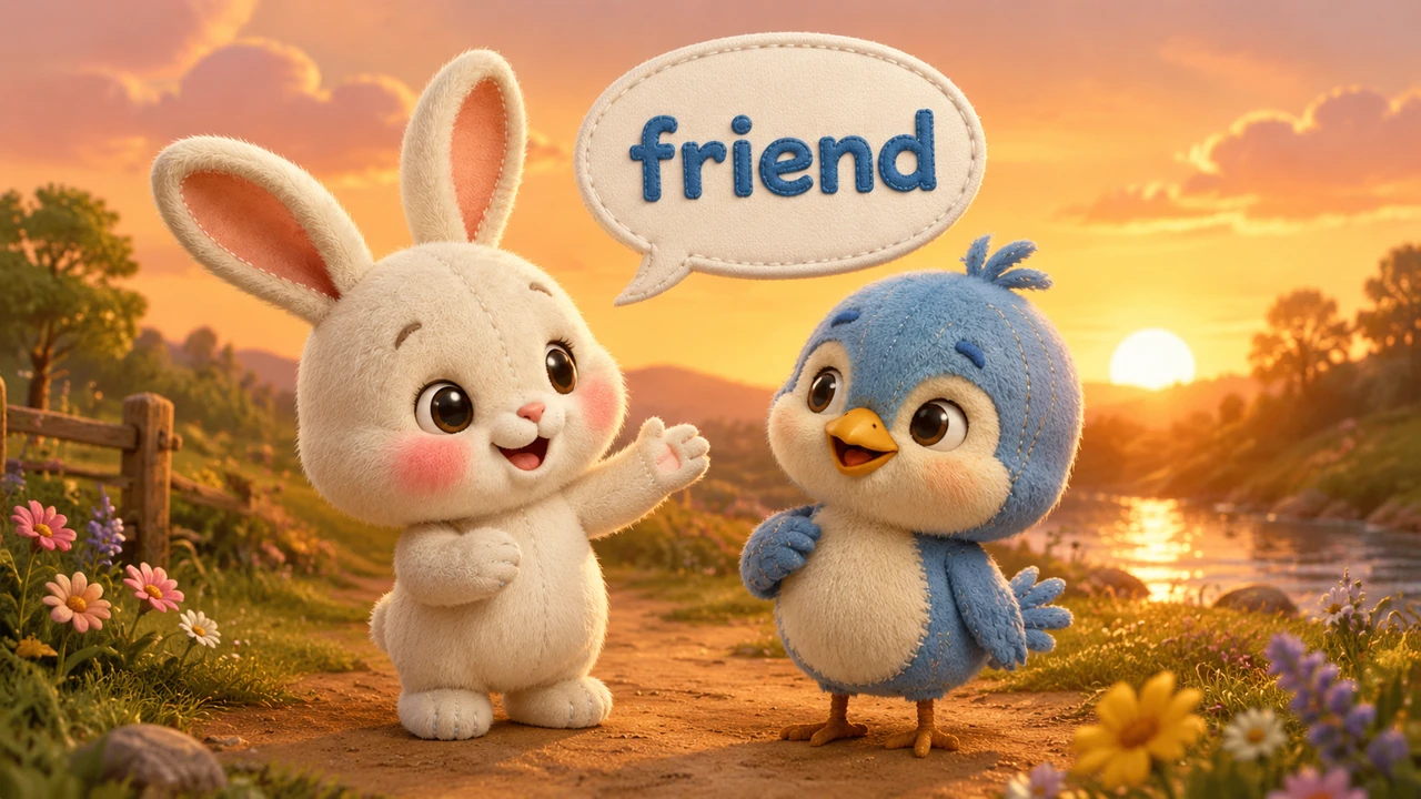 As the golden sun begins to set, Barnaby looks at Pip and says the word friend with a big, happy smile. He isn't afraid anymore because he knows that