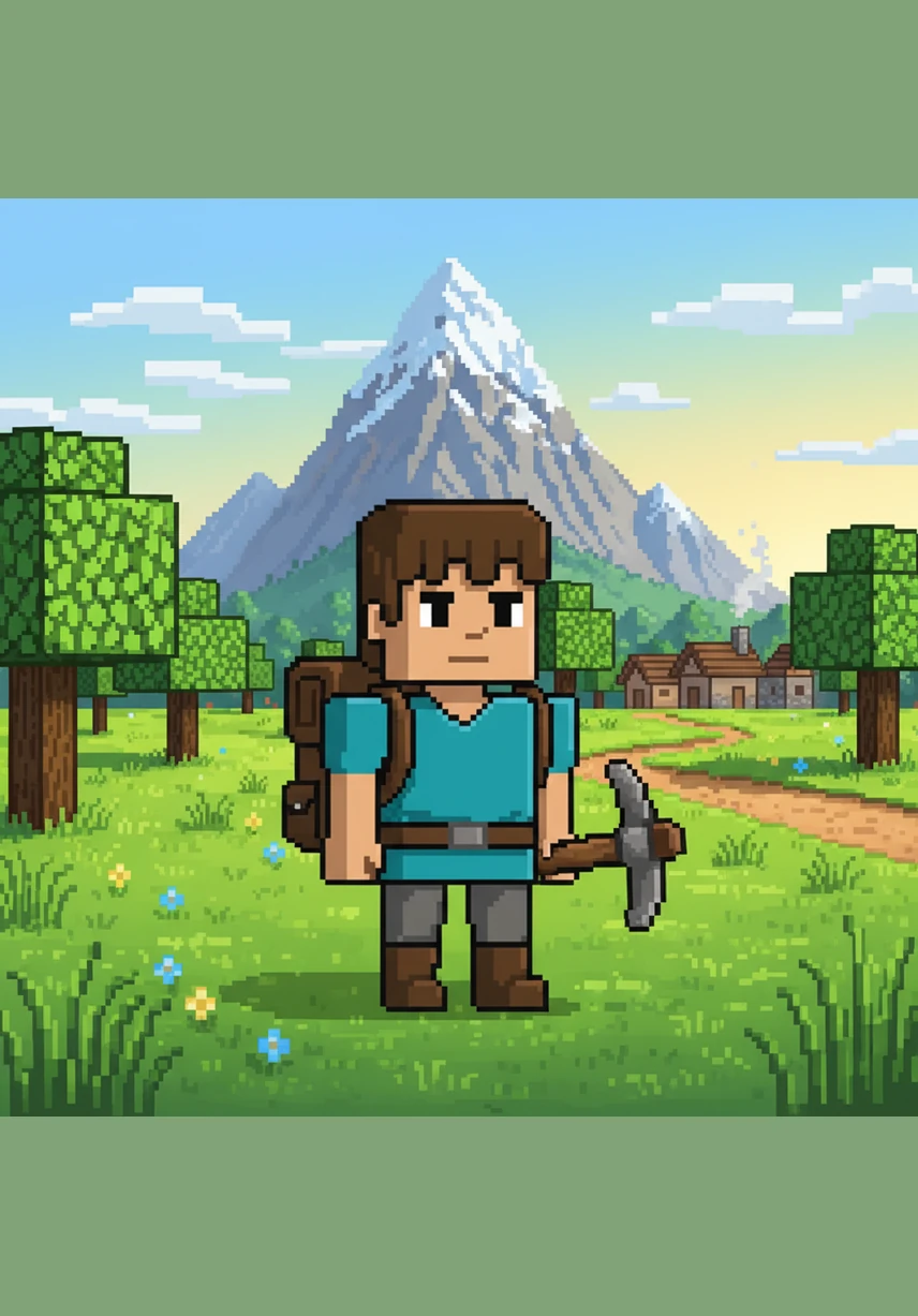 阳光洒在翠绿的平原上，小方紧握着刚做好的木镐，满怀期待地望向远方。在这片由方块组成的广袤土地上，每一座山丘和每一片森林都隐藏着未知的秘密，等待着勇敢的探险者去发掘。