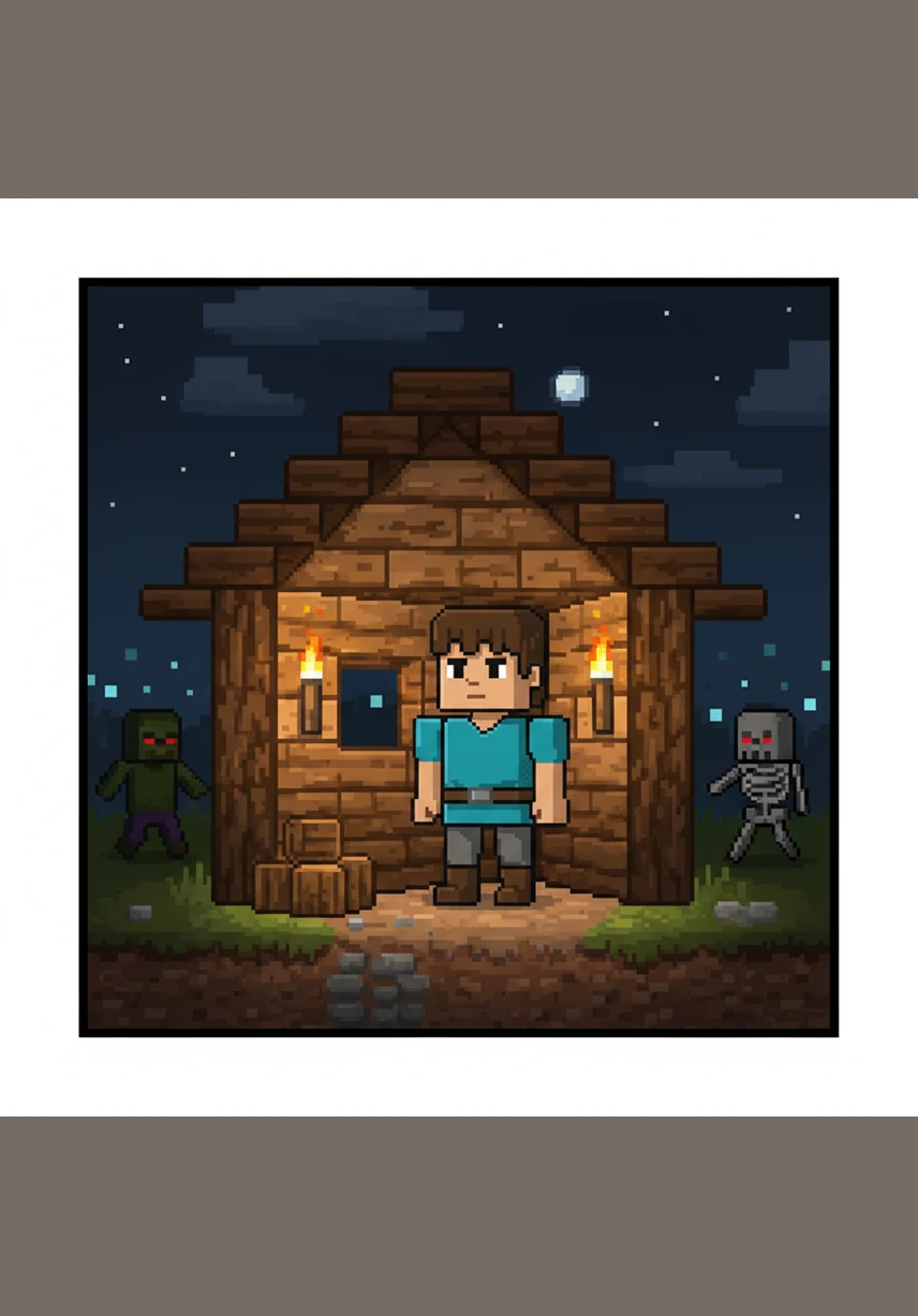 随着夜幕降临，小方用收集来的木材和泥土搭建了一个简陋但温馨的小屋。火把发出微弱而温暖的光芒，挡住了窗外游荡的僵尸和骷髅，保护着他度过在荒野中的第一个夜晚。