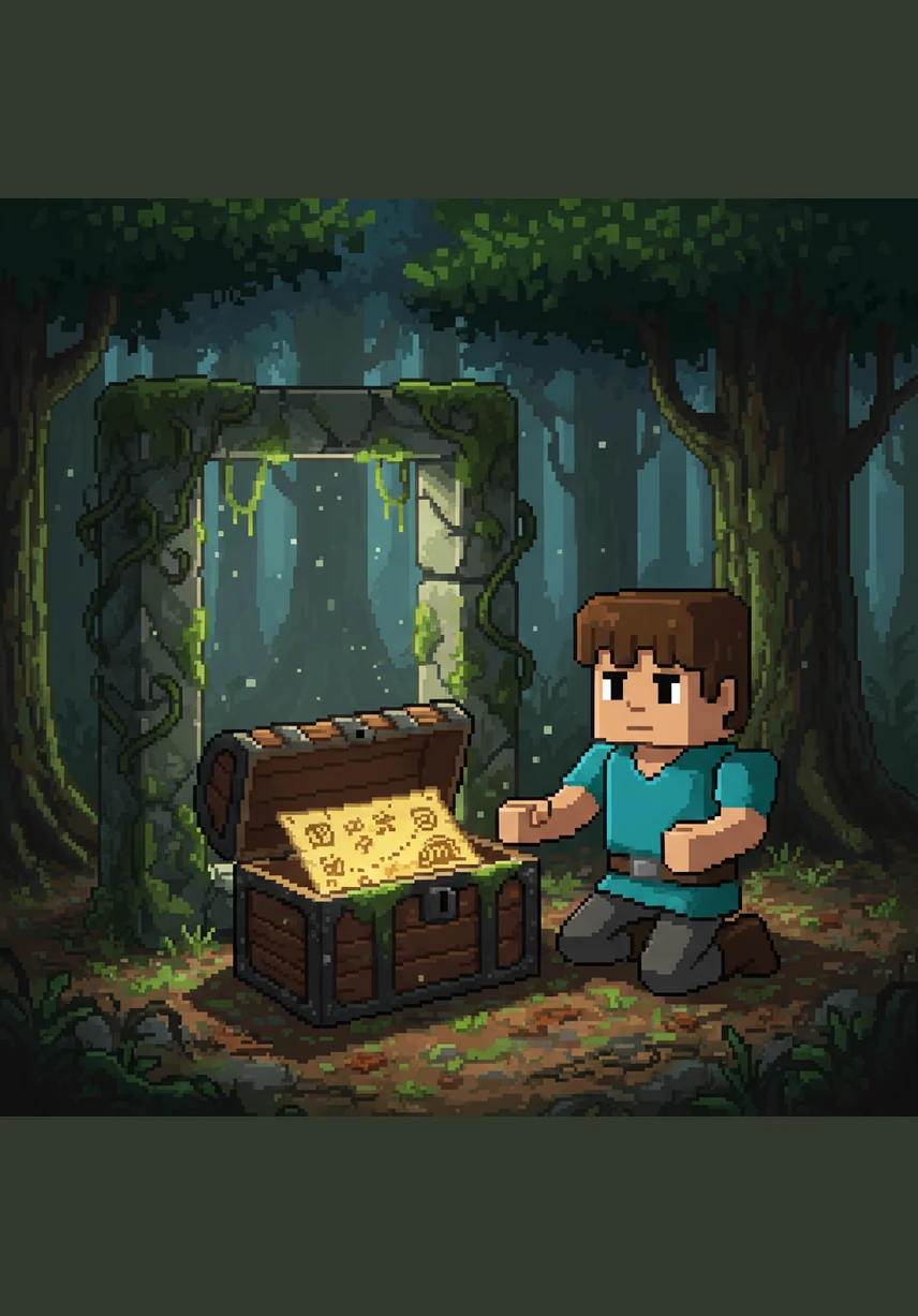 在一片幽暗的原始森林中，小方在一座废弃的传送门遗迹旁发现了一个长满青苔的宝箱。箱子里静静地躺着一张泛黄的古老地图，上面用神秘的符号标注着通往遥远沙漠神庙的路线。