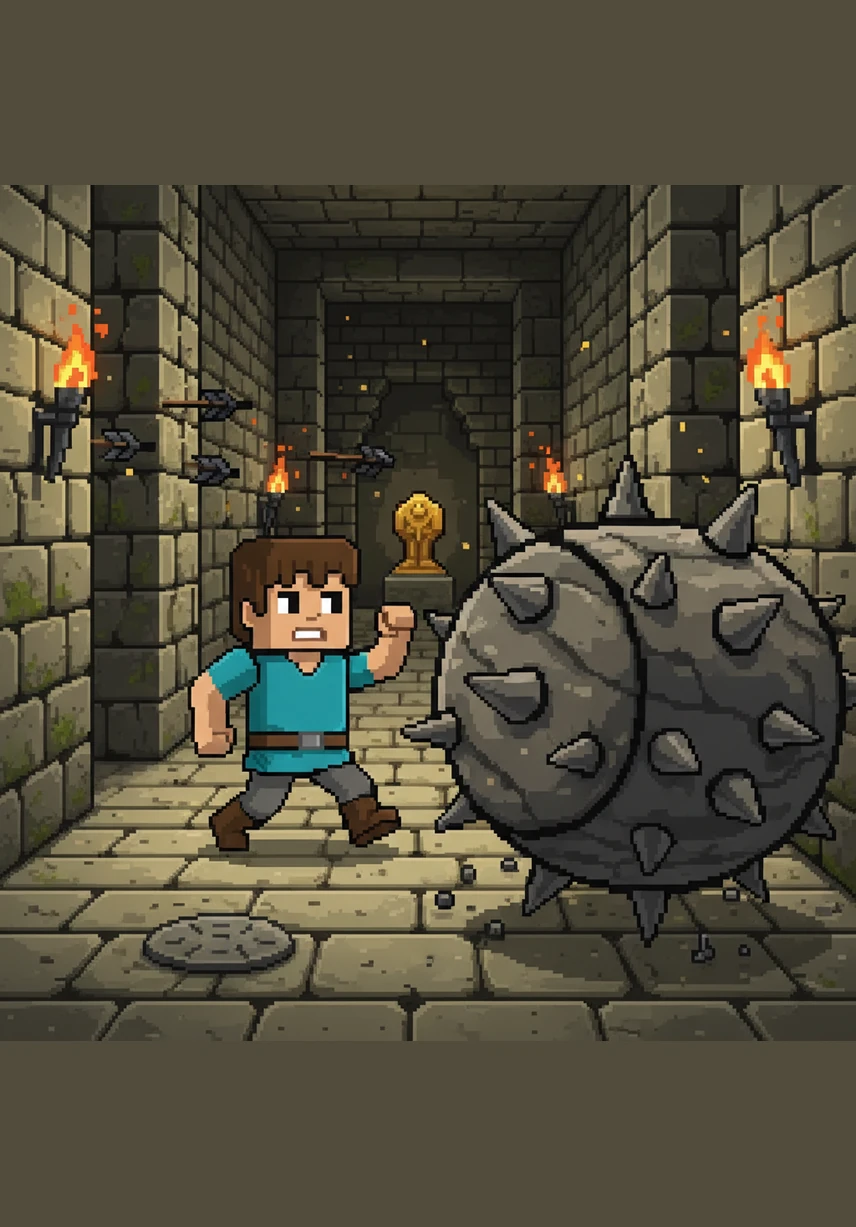 神庙内部机关重重，小方凭借着过人的机智，小心翼翼地拆除了埋在地下的致命压力板陷阱。在密室最深处的箱子里，他惊喜地发现了闪烁的绿宝石和一颗散发着微光的珍贵附魔金苹果。