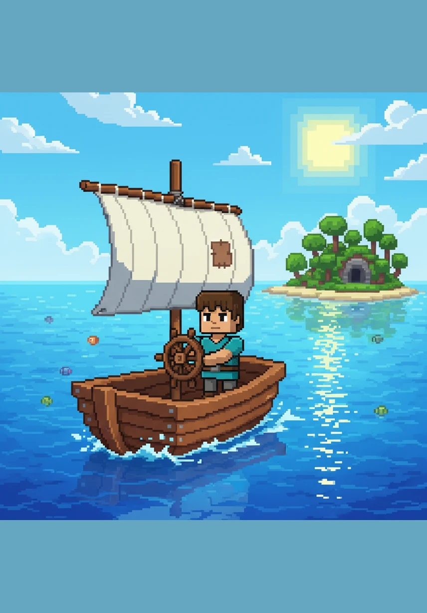 离开沙漠后，小方造了一艘结实的小木船，在波光粼粼的大海上扬帆起航。成群的海豚在船头跳跃嬉戏，仿佛在为他指引方向，带他前往地图上标记的那座被迷雾笼罩的神秘海岛。