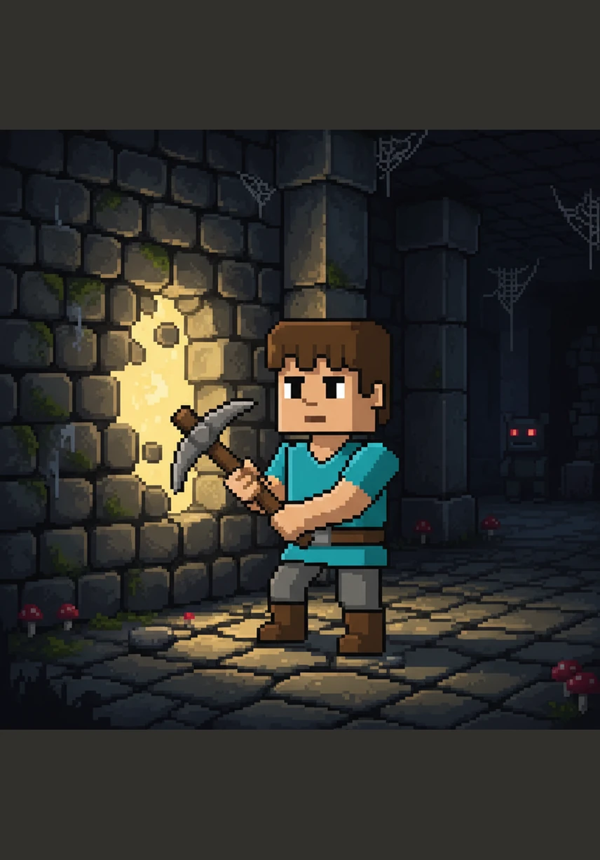 小方深入地下深处，周围是错综复杂的天然矿道和翻滚着热气的岩浆池。在镐头清脆的敲击声中，坚硬的岩层里绽放出耀眼的蓝色光芒，那是无数冒险者梦寐以求的钻石矿藏。