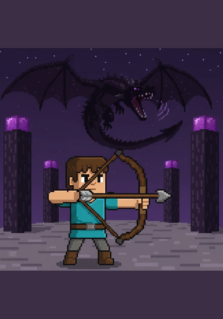 跨越时空的裂缝，小方来到了荒凉而寂静的末地，巨大的末影龙在漆黑的曜石柱间盘旋咆哮。他拉开长弓，目光坚定地瞄准空中的巨龙，准备迎接这场决定整个方块世界命运的最终决战。