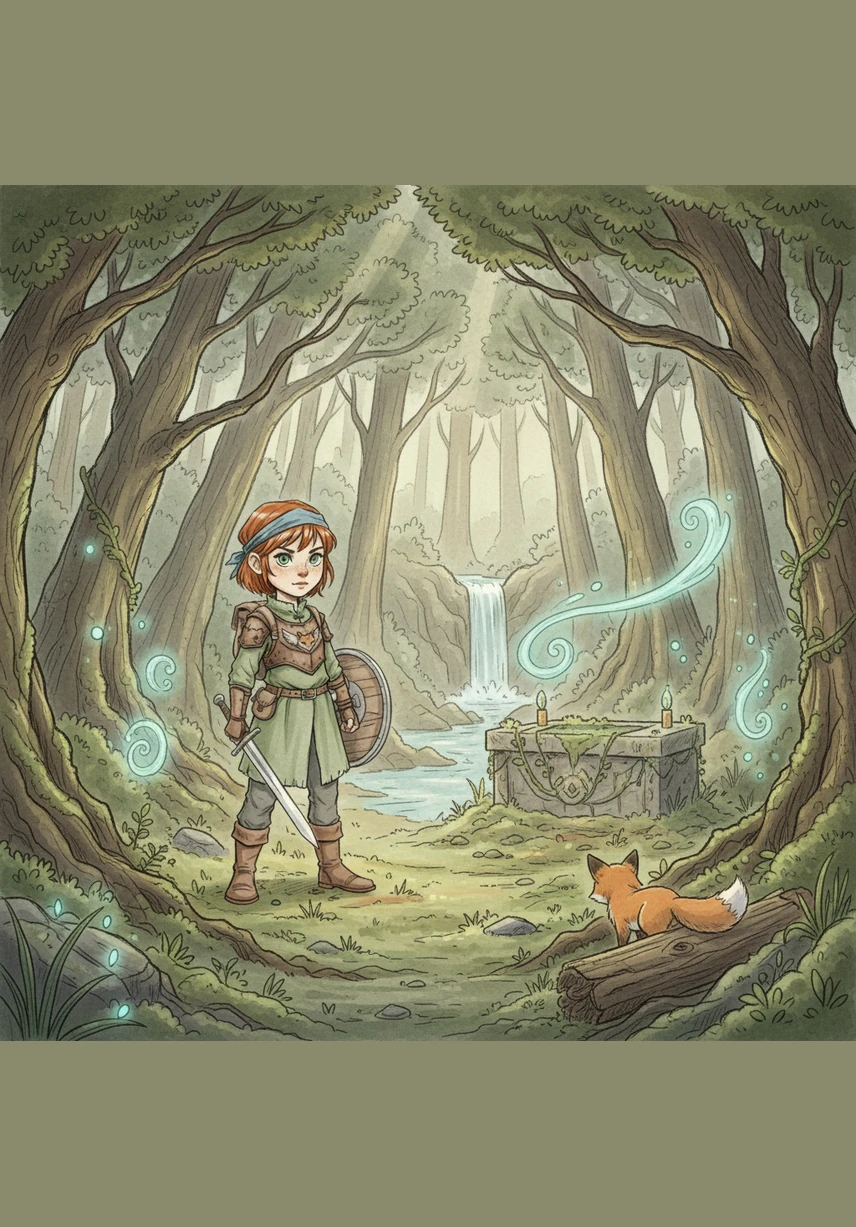 莉莉背上她的小挎包，独自踏入了迷雾笼罩的深林，虽然周围阴森寒冷，但她紧握着胸前的哨子，目光中充满了坚定和勇气。