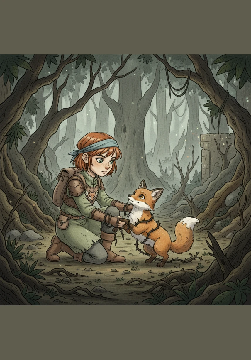 在穿越一片枯萎的丛林时，莉莉救出了一只被带刺藤蔓缠住的小狐狸，小狐狸感激地蹭了蹭她的手，决定为她指引通往森林最深处的路。