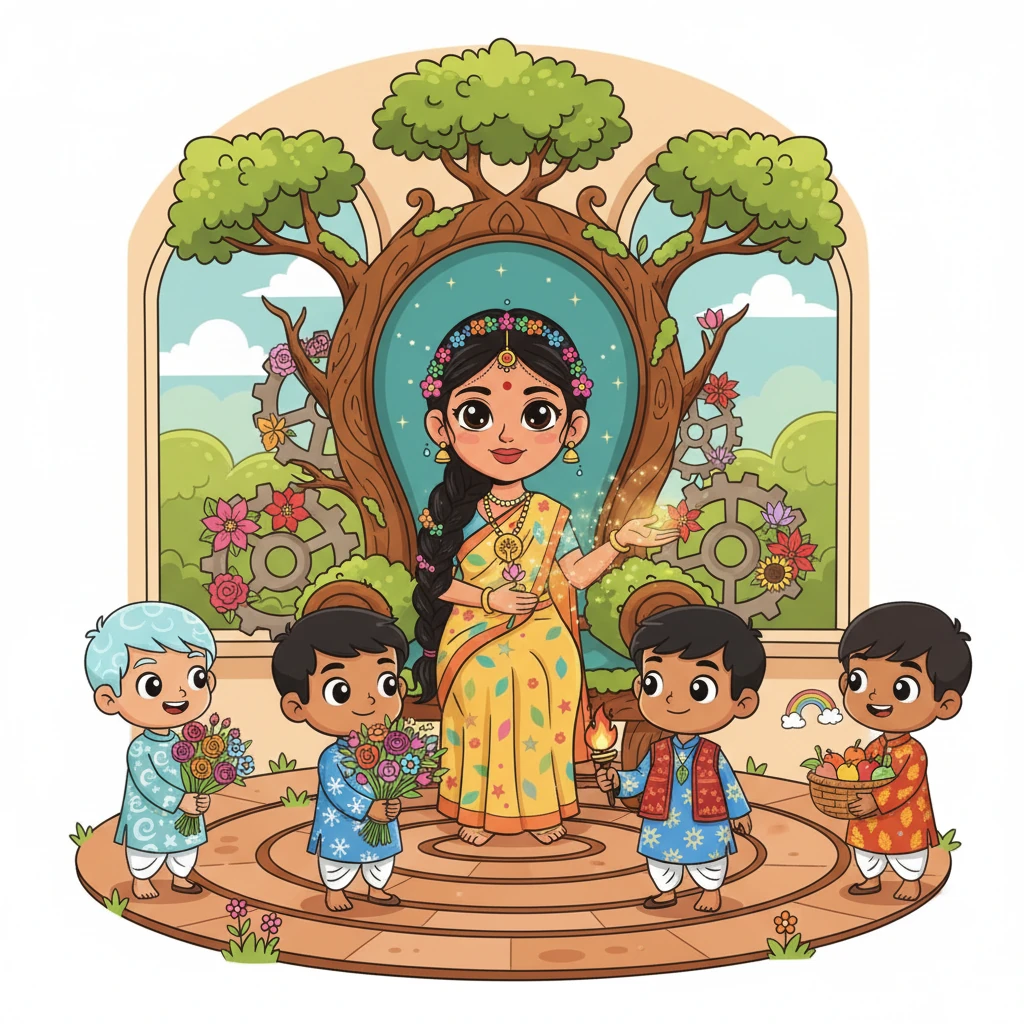 प्रकृति माँ अपने राजसी दरबार में बैठी हैं, उनके चारों ओर बारह महीनों के प्रतीक, जैसे खिले हुए फूल और घूमते ऋतु चक्र, सजे हुए हैं। उनकी आँखों में प्रेम और ज्ञान की चमक है। वह अपने विशाल साम्राज्य के महीनों को अपने पाँच प्रिय बच्चों में बाँटने वाली हैं।