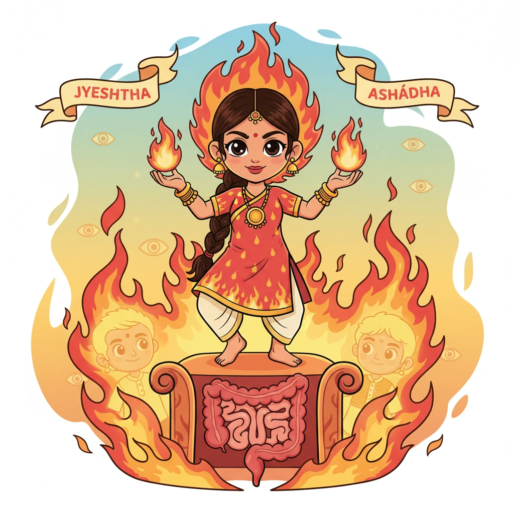 लाल-नारंगी वस्त्रों में अग्नि, पावक का प्रतीक, एक बहादुर योद्धा युवती के रूप में खड़ी है। वह अग्नि की ज्वाला से घिरी हुई है, जो उसके उत्साह और ऊर्जा को दर्शाती है। उसका सिंहासन हृदय-छोटी आंत का प्रतिनिधित्व करता है, जो 13 से 30 वर्ष तक की युवावस्था का प्रतीक है। ज्येष्ठ और आषाढ़ के महीने उसके राज्य हैं, और उसकी तन्मात्रा हमारी आँखें हैं। मंगल और सूर्य उसके शक्तिशाली मित्र हैं।