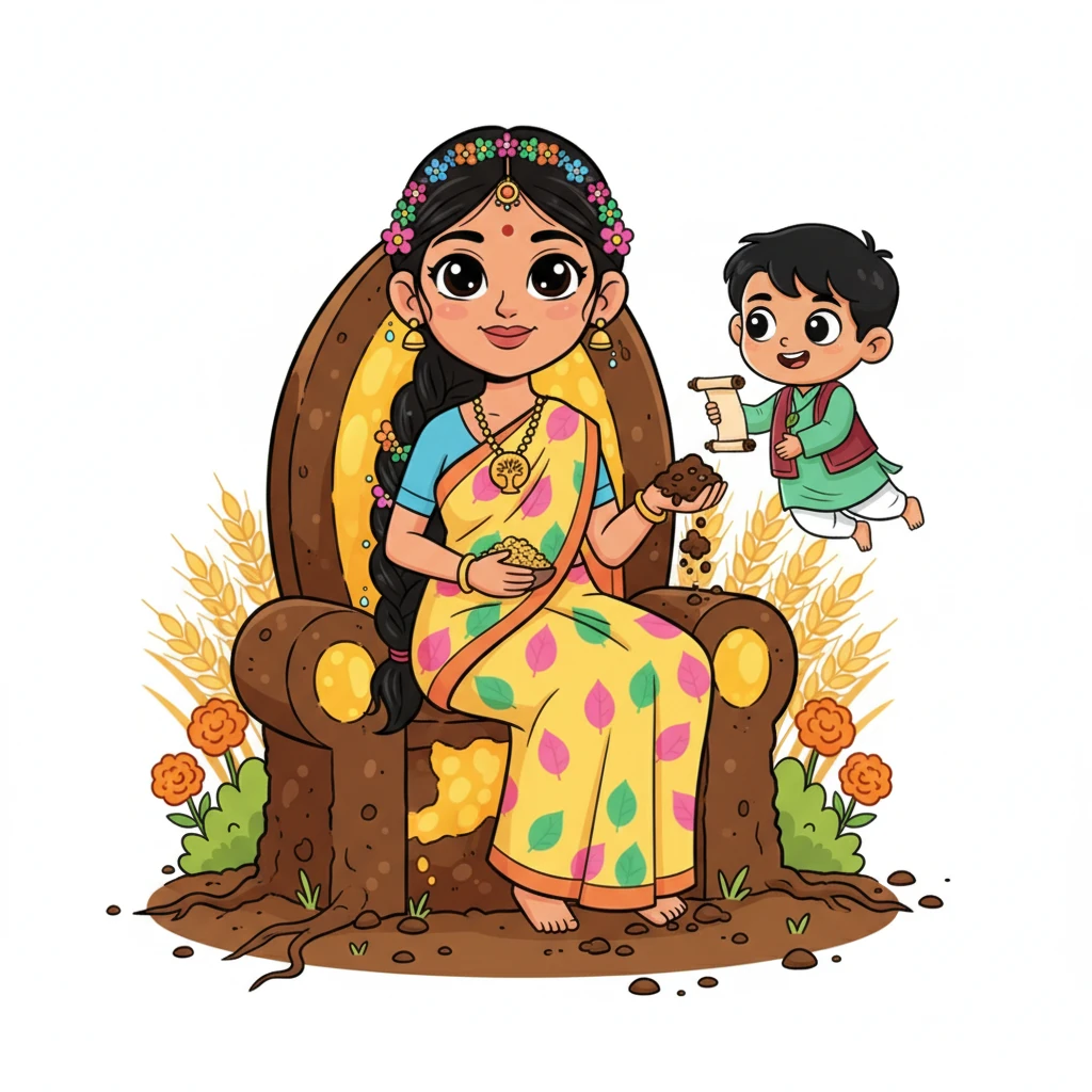 पीले वस्त्रों में पृथ्वी, क्षिति का प्रतीक, एक धैर्यवान पुत्री के रूप में बैठी है। उसके हाथों में अन्न और मिट्टी है, जो पोषण और स्थिरता को दर्शाते हैं। उसका सिंहासन आमाशय-प्लीहा का प्रतीक है, जो 31 से 45 वर्ष तक के परिपक्वता काल को दर्शाता है। भाद्रपद और आश्विन के महीने उसके राज्य हैं, और हमारी जिह्वा उसकी तन्मात्रा है। बुद्धिमान बुध उसकी सबसे अच्छी मित्र है।