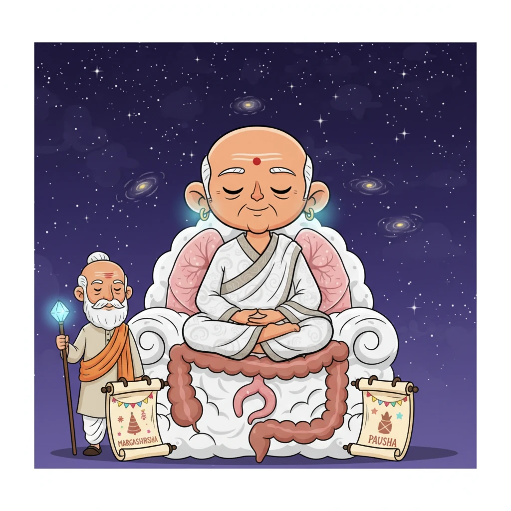 सफेद-भूरे वस्त्रों में आकाश, गगन का प्रतीक, एक शांत साधु के रूप में ध्यानमग्न है। उसके पीछे तारों भरा अनंत आकाश फैला हुआ है, जो ज्ञान और शांति को दर्शाता है। उसका सिंहासन फेफड़े-बड़ी आंत का प्रतिनिधित्व करता है, जो 46 से 60 वर्ष तक की वृद्धावस्था के पहले चरण का प्रतीक है। मार्गशीर्ष और पौष के महीने उसके राज्य हैं, और कान उसकी तन्मात्रा हैं। ज्ञानी गुरु उसका मार्गदर्शक मित्र है।