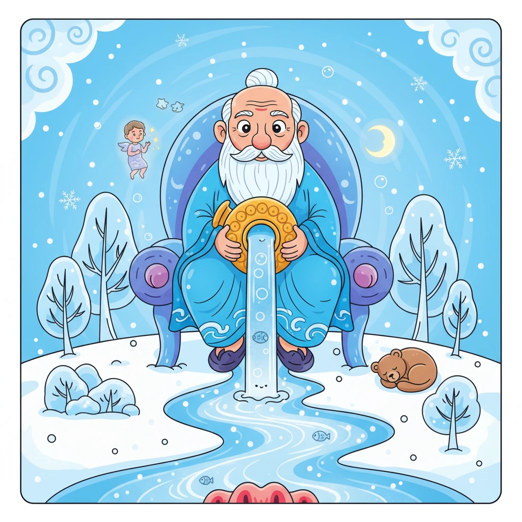 नीले वस्त्रों में जल, पानी का प्रतीक, एक वृद्ध पुरुष के रूप में बैठा है। उसके हाथ में जल का कलश है, जिससे जीवनदायी अमृत बह रहा है। उसका सिंहासन गुर्दे-मूत्राशय का प्रतीक है, जो 61 से 100 वर्ष तक के जीवन के अंतिम चरण को दर्शाता है। पौष और माघ के महीने उसके राज्य हैं, और हमारी जीभ उसकी तन्मात्रा है। शुक्र और चंद्र उसके शांत मित्र हैं।