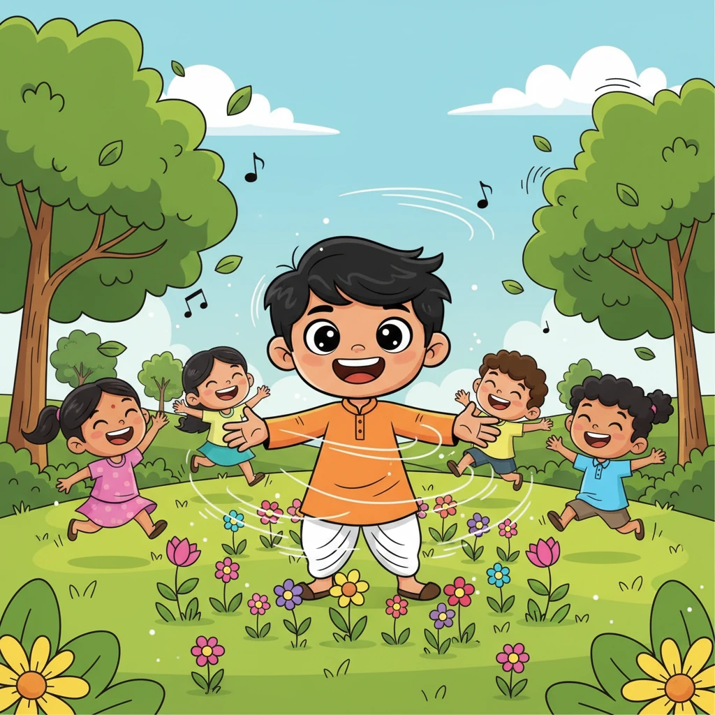 हरे-भरे खेतों में समीर, नटखट बालक, हवा के झोंकों से फूलों को नचा रहा है और पेड़ों की पत्तियों से सरसराहट की धुन बजा रहा है। छोटे बच्चे उसके चारों ओर हंसते हुए दौड़ रहे हैं, उसकी तरोताजा ऊर्जा का आनंद ले रहे हैं। उसकी त्वचा पर हल्की हवा महसूस होती है, जो जीवन के शुरुआती उत्साह को दर्शाती है।