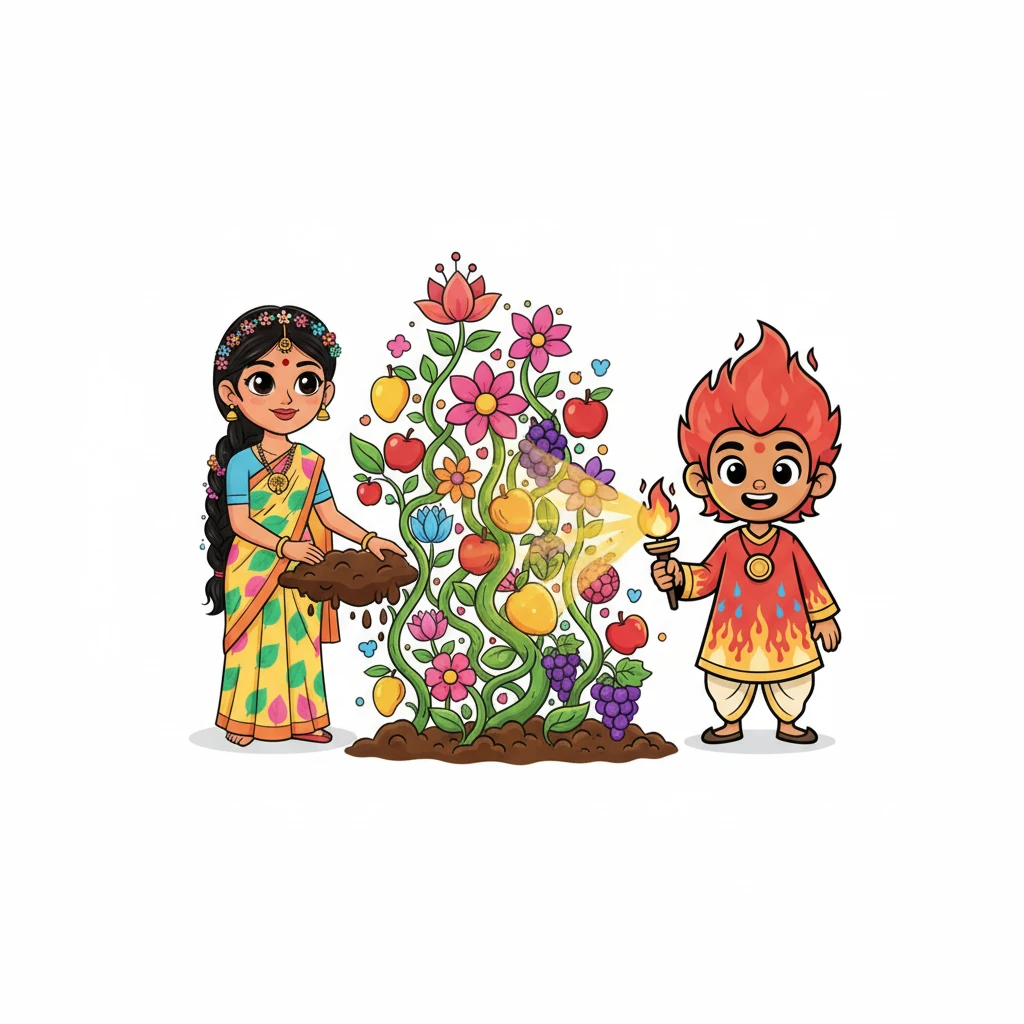 अग्नि की सुनहरी चमक और पृथ्वी की उपजाऊ मिट्टी से एक विशाल, रंगीन बगीचा खिल उठा है। योद्धा युवती अग्नि अपने तेज से पौधों को ऊर्जा दे रही है, जबकि धैर्यवान पृथ्वी उन्हें सहारा दे रही है। उनकी संयुक्त शक्ति से फल और फूल भरपूर हैं, जो युवावस्था की वृद्धि और परिपक्वता के पोषण का प्रतीक हैं।