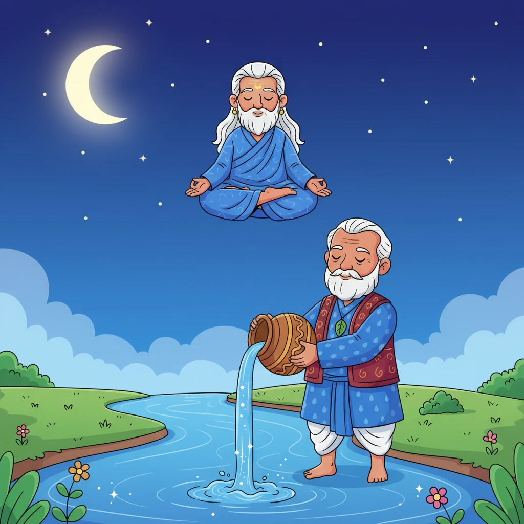 शांत आकाश, तारों से भरा, नीचे बहती नदी को देख रहा है, जहाँ जल का प्रवाह निरंतर जारी है। साधु आकाश ध्यानमग्न है, अपने ज्ञान की गहराई में लीन, जबकि वृद्ध जल अपने कलश से जीवनदायी पानी बरसा रहा है। उनकी उपस्थिति से दुनिया में शांति और ज्ञान का अनुभव होता है, जो जीवन के उत्तरार्ध की परिपक्वता और अंतर्दृष्टि को दर्शाता है।